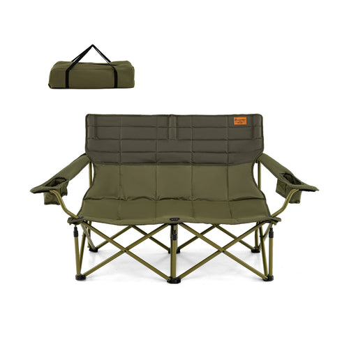 Oversized Camping Chair, Folding Loveseat, Cup Holders, Thick Padding, Green
