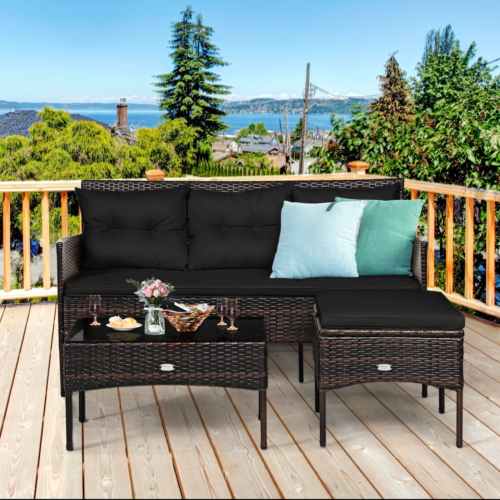 3 Pieces Patio Furniture Sectional Set with 5 Cozy Cushions, Black Patio Conversation Sets at Gallery Canada