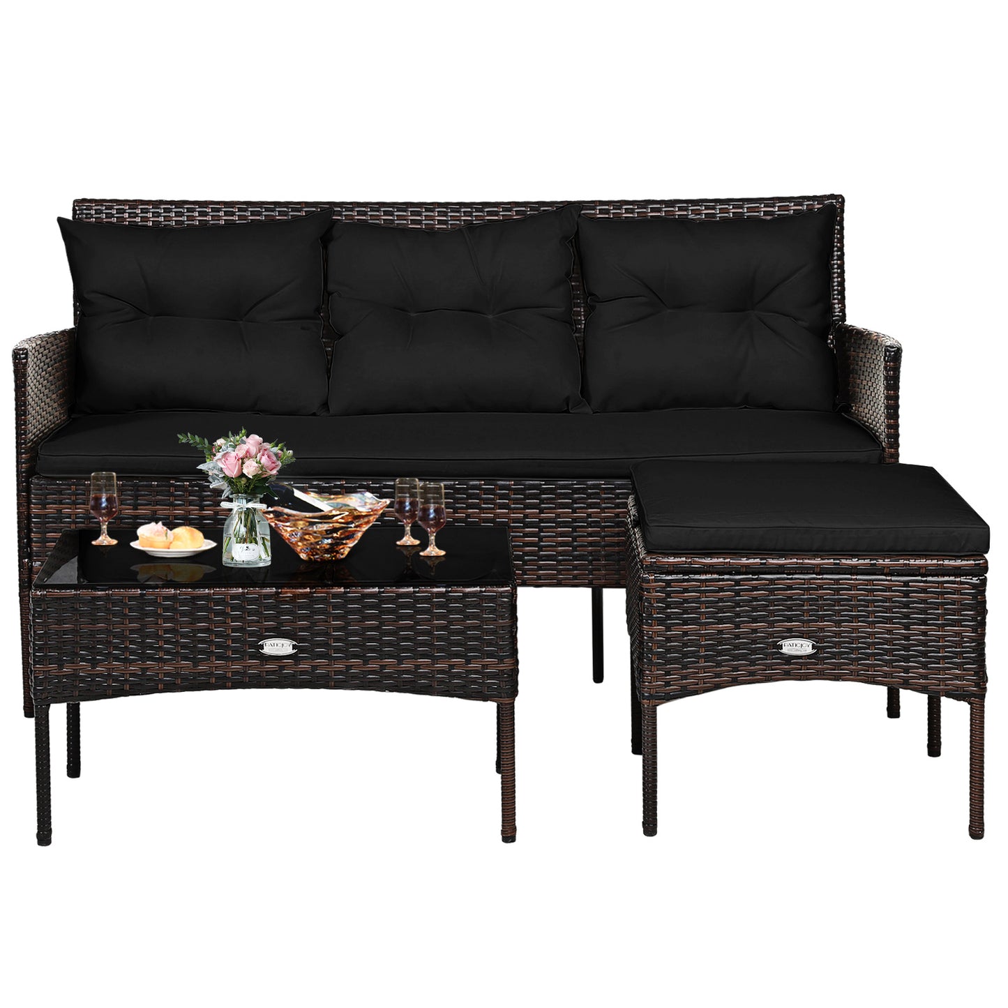 3 Pieces Patio Furniture Sectional Set with 5 Cozy Cushions, Black Patio Conversation Sets at Gallery Canada
