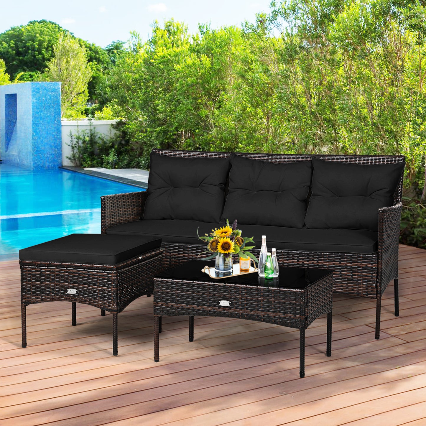 3 Pieces Patio Furniture Sectional Set with 5 Cozy Cushions, Black Patio Conversation Sets at Gallery Canada