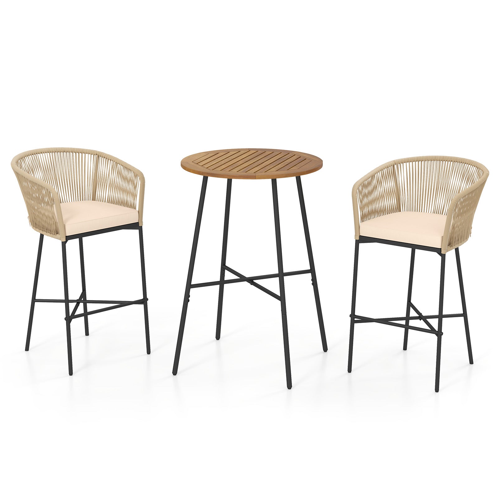 3 Pieces Rope Woven Patio Bar Set with Soft Cushions and Acacia Wood Tabletop, Beige Patio Bar Furniture at Gallery Canada