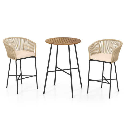 3 Pieces Rope Woven Patio Bar Set with Soft Cushions and Acacia Wood Tabletop, Beige Patio Bar Furniture Beige at Gallery Canada
