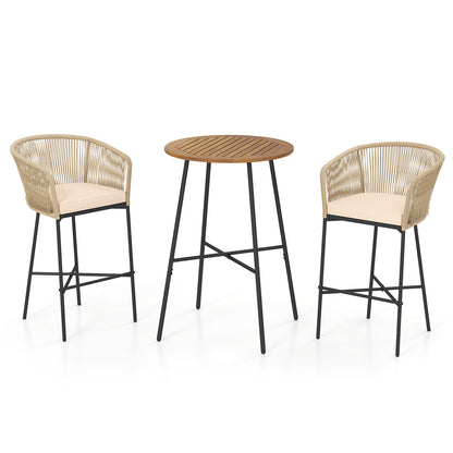 3-Piece Rope Woven Patio Bar Set, Acacia Wood Tabletop, Beige Patio Bar Furniture at Gallery Canada