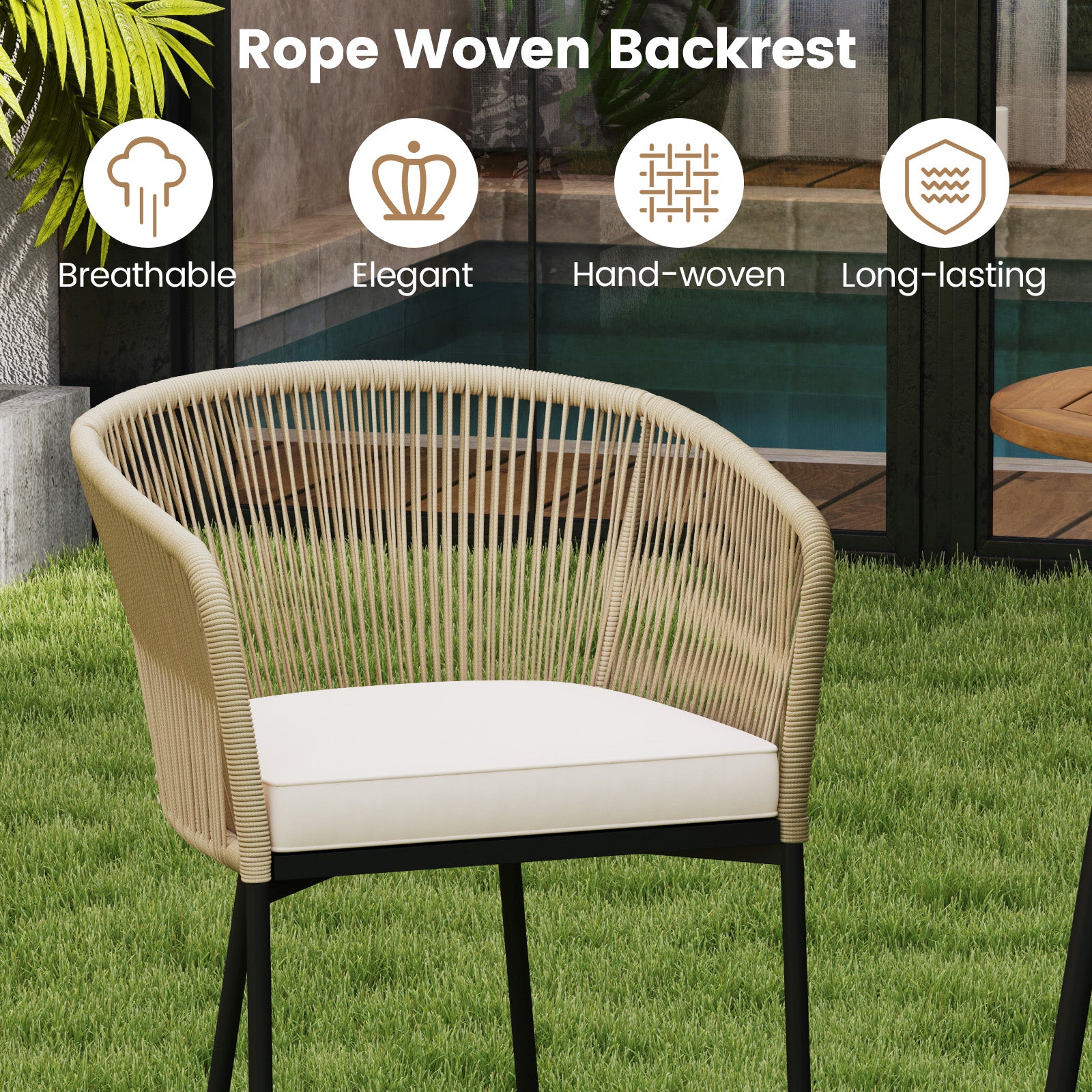 3 Pieces Rope Woven Patio Bar Set with Soft Cushions and Acacia Wood Tabletop, Beige Patio Bar Furniture at Gallery Canada
