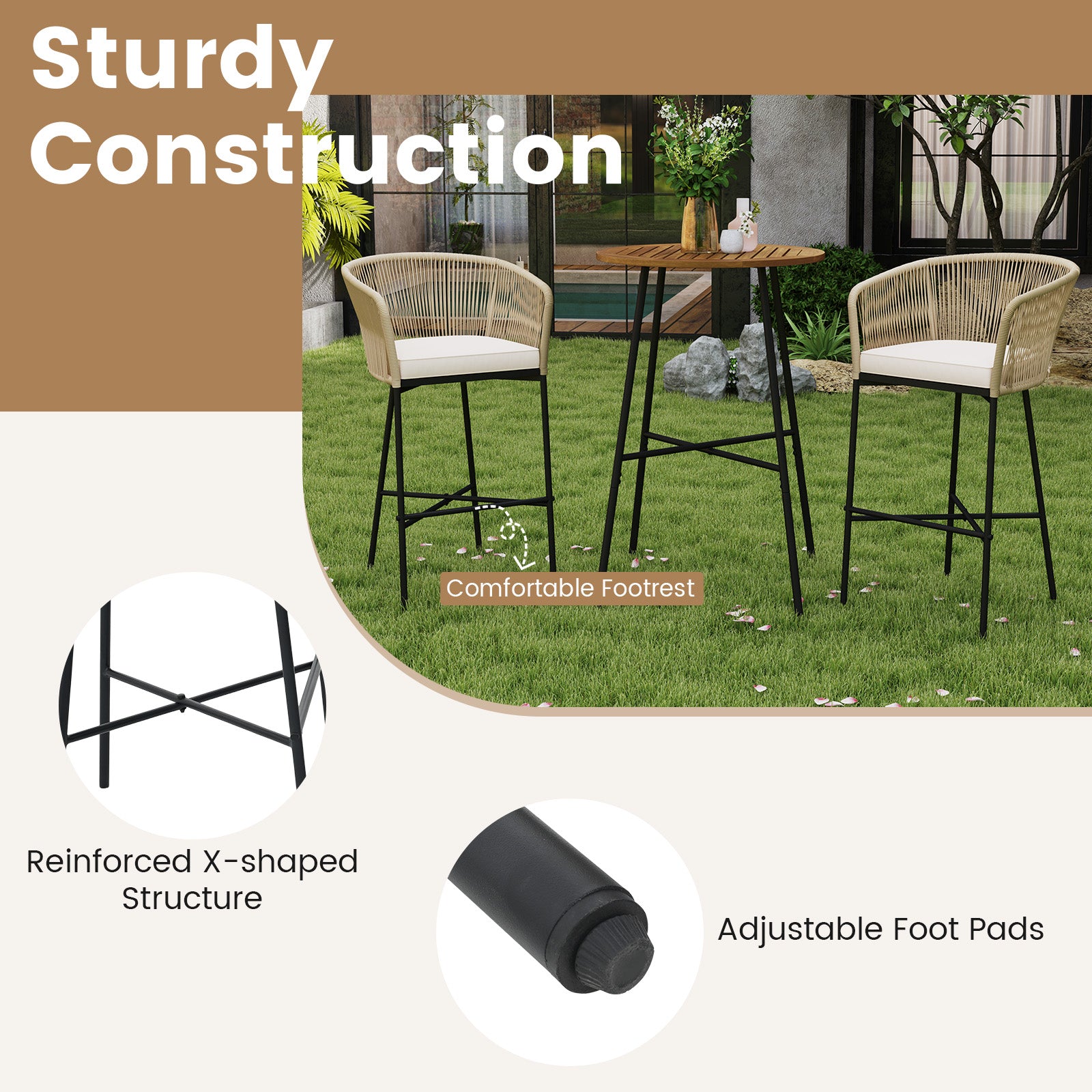 3 Pieces Rope Woven Patio Bar Set with Soft Cushions and Acacia Wood Tabletop, Beige Patio Bar Furniture at Gallery Canada