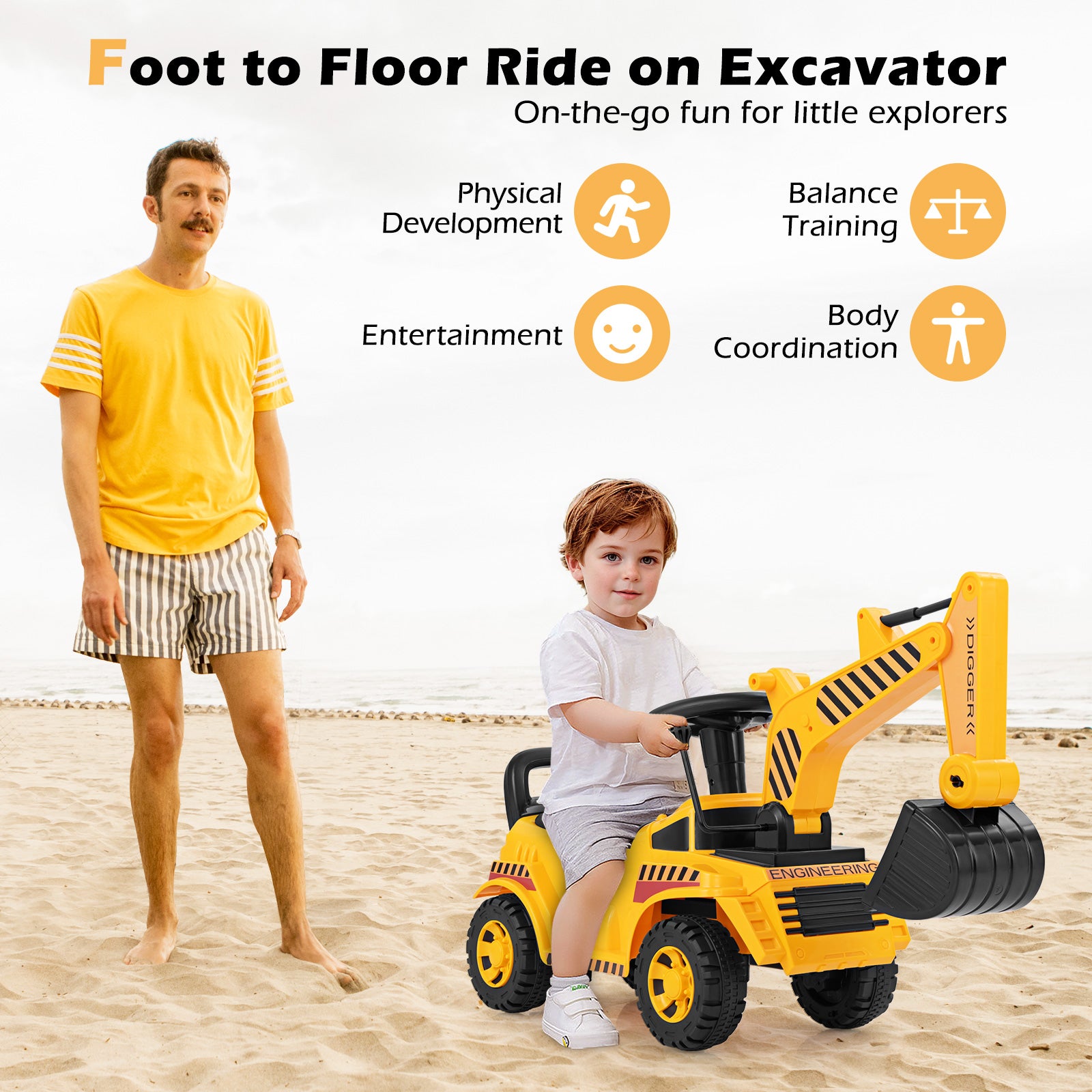 Kids Ride on Excavator with Adjustable Shovel, Yellow Push & Pedal Ride On Toys at Gallery Canada