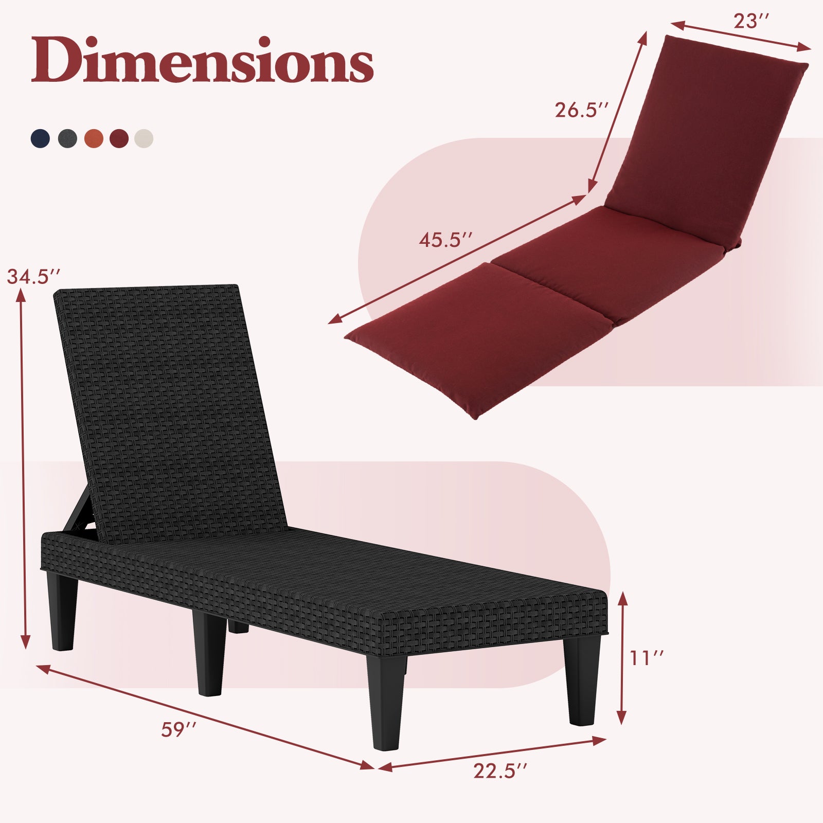 Patio Lounge Chair 3-Position Adjustable Backrest and Cushion, Red Outdoor Chaise Lounges at Gallery Canada