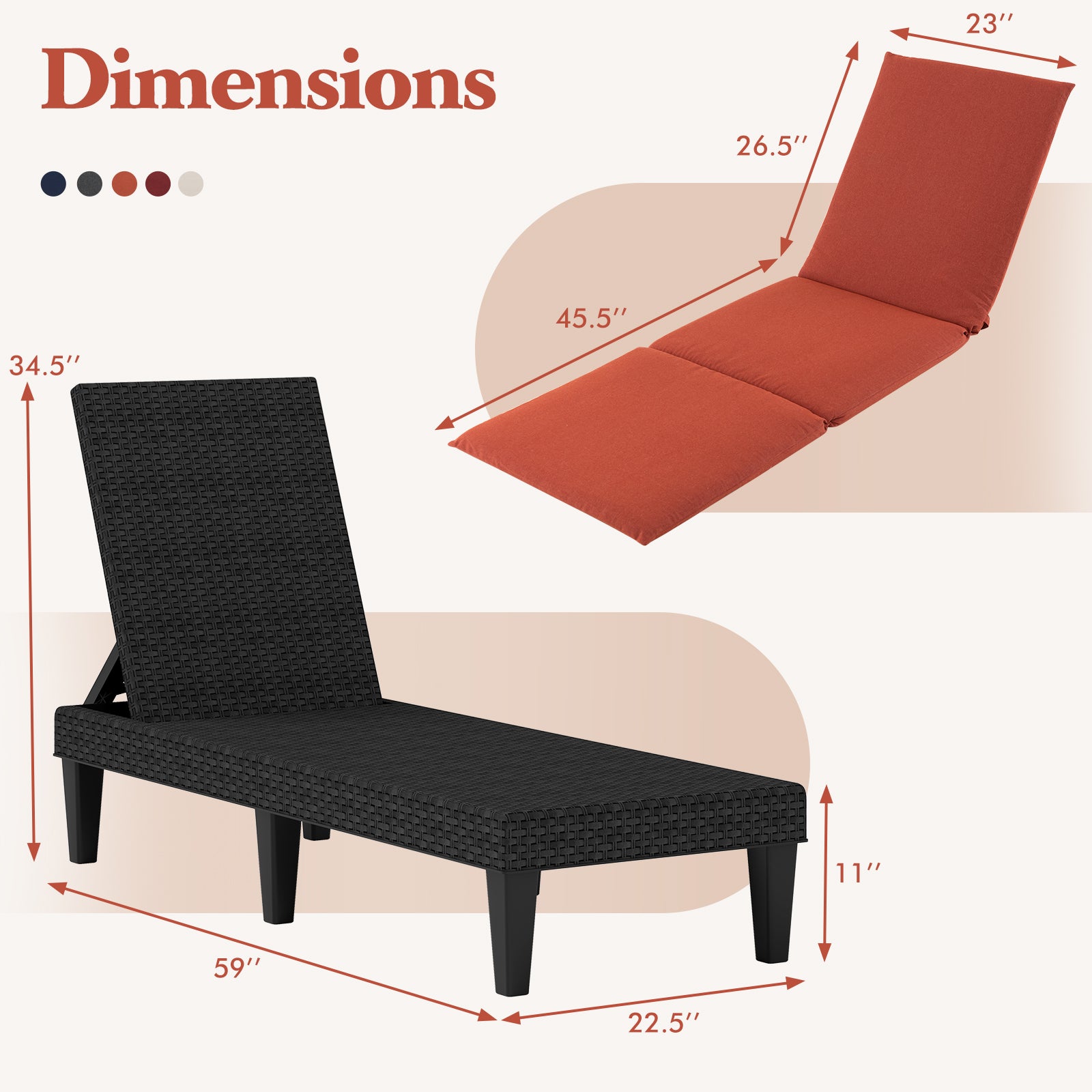 Patio Lounge Chair, Adjustable Backrest, Cushion, Orange Outdoor Chaise Lounges at Gallery Canada