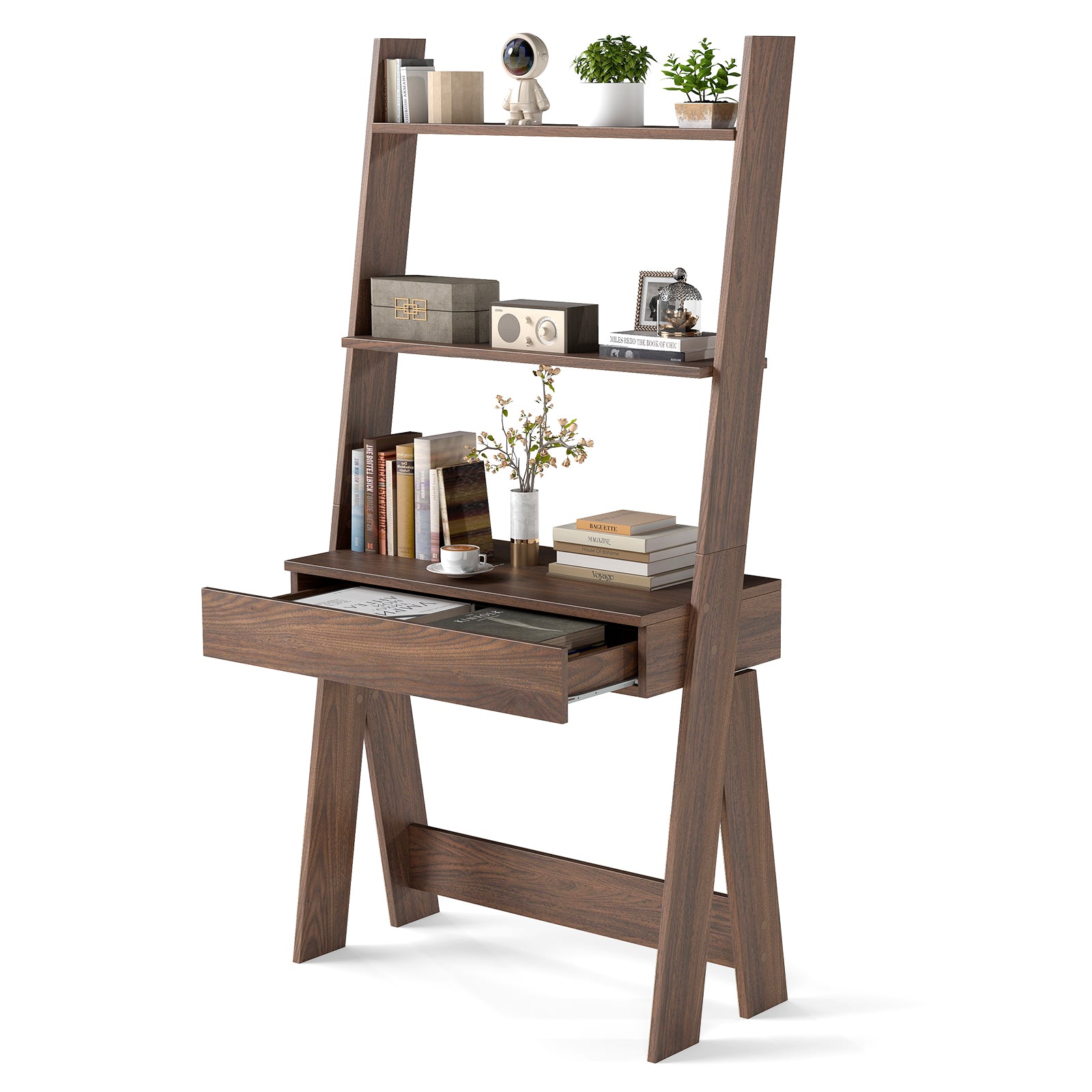 Ladder Shelf Desk Bookcase, Walnut, Countertop Drawer, 2 Shelves Bookcases at Gallery Canada