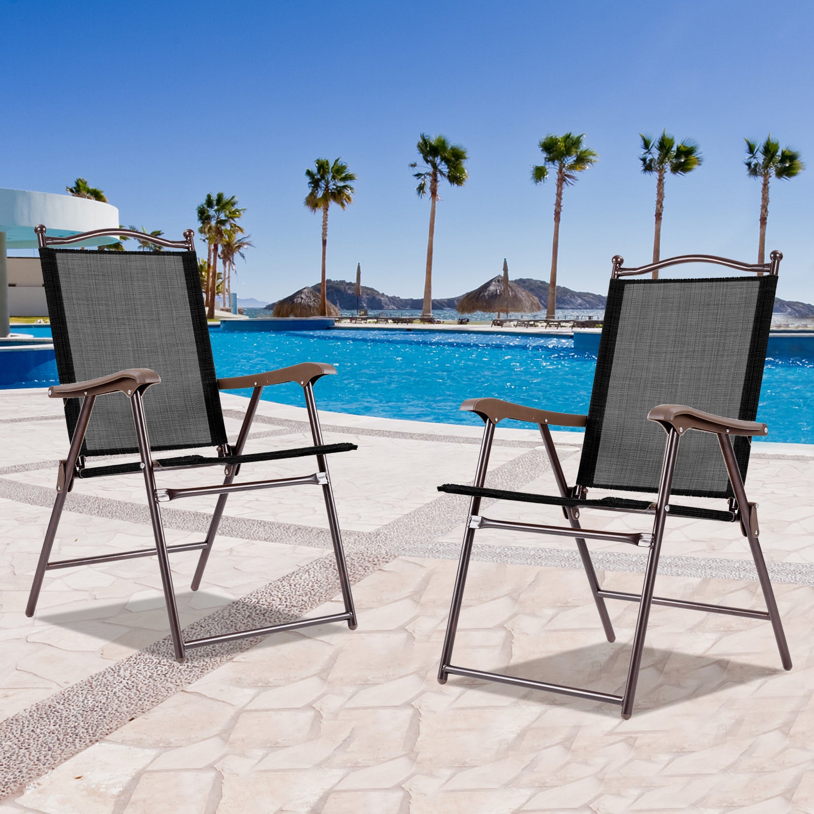 Set of 2 Patio Folding Sling Back Camping Deck Chairs, Black Patio Dining Chairs at Gallery Canada