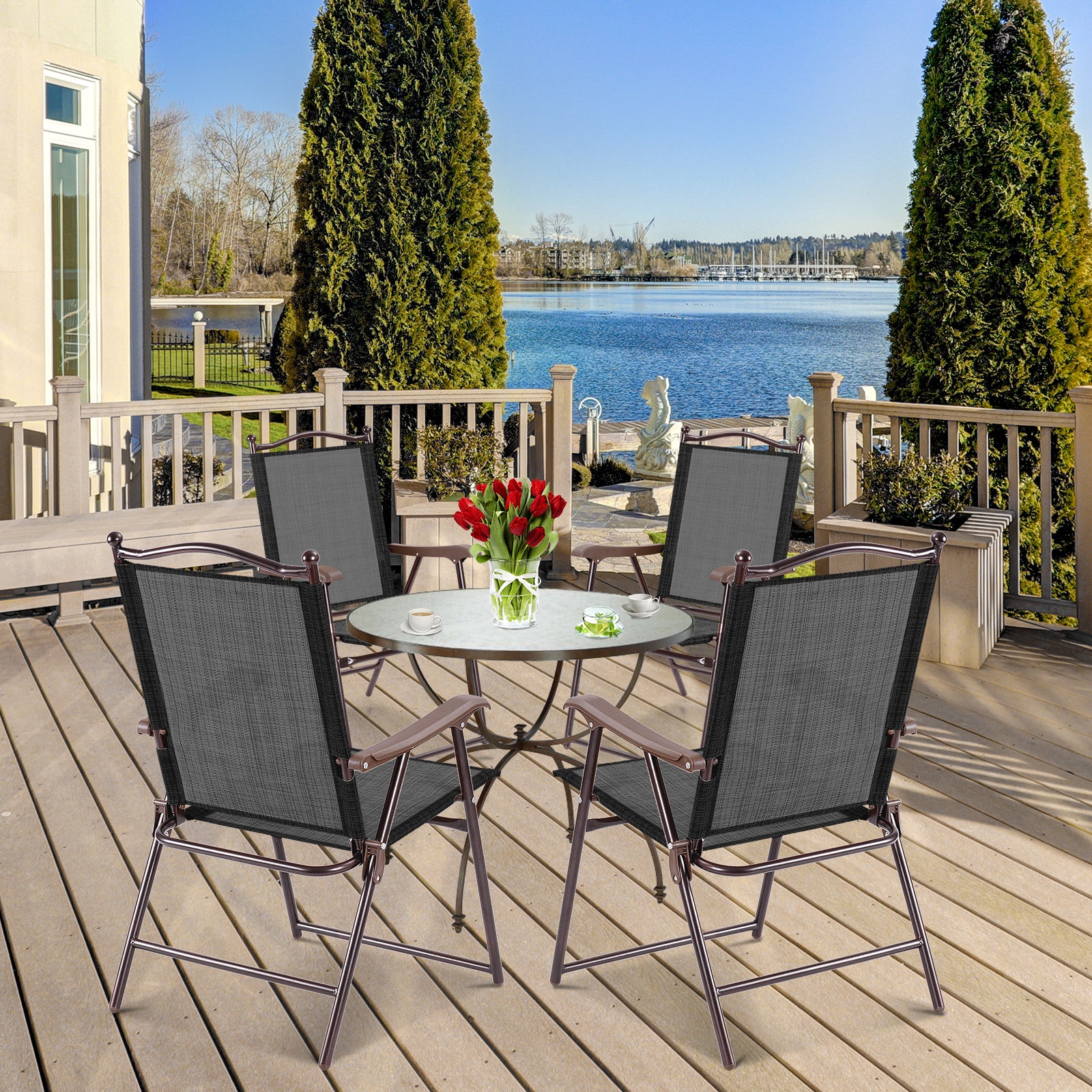 Set of 2 Patio Folding Sling Back Camping Deck Chairs, Black Patio Dining Chairs at Gallery Canada