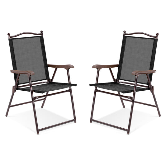 Set Of 2 Patio Folding Sling Back Camping Deck Chairs, Black