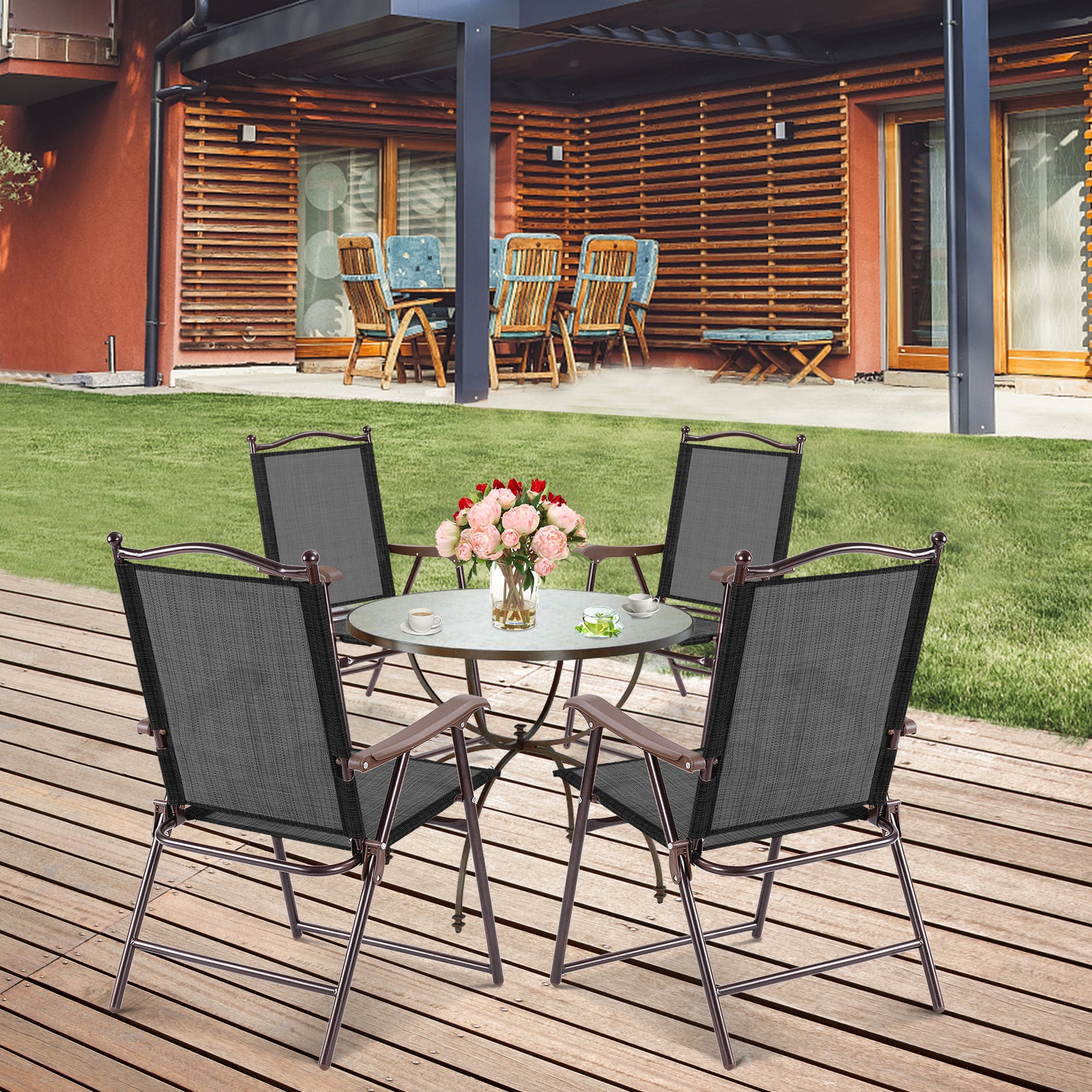 Set of 2 Patio Folding Sling Back Camping Deck Chairs, Black Patio Dining Chairs at Gallery Canada