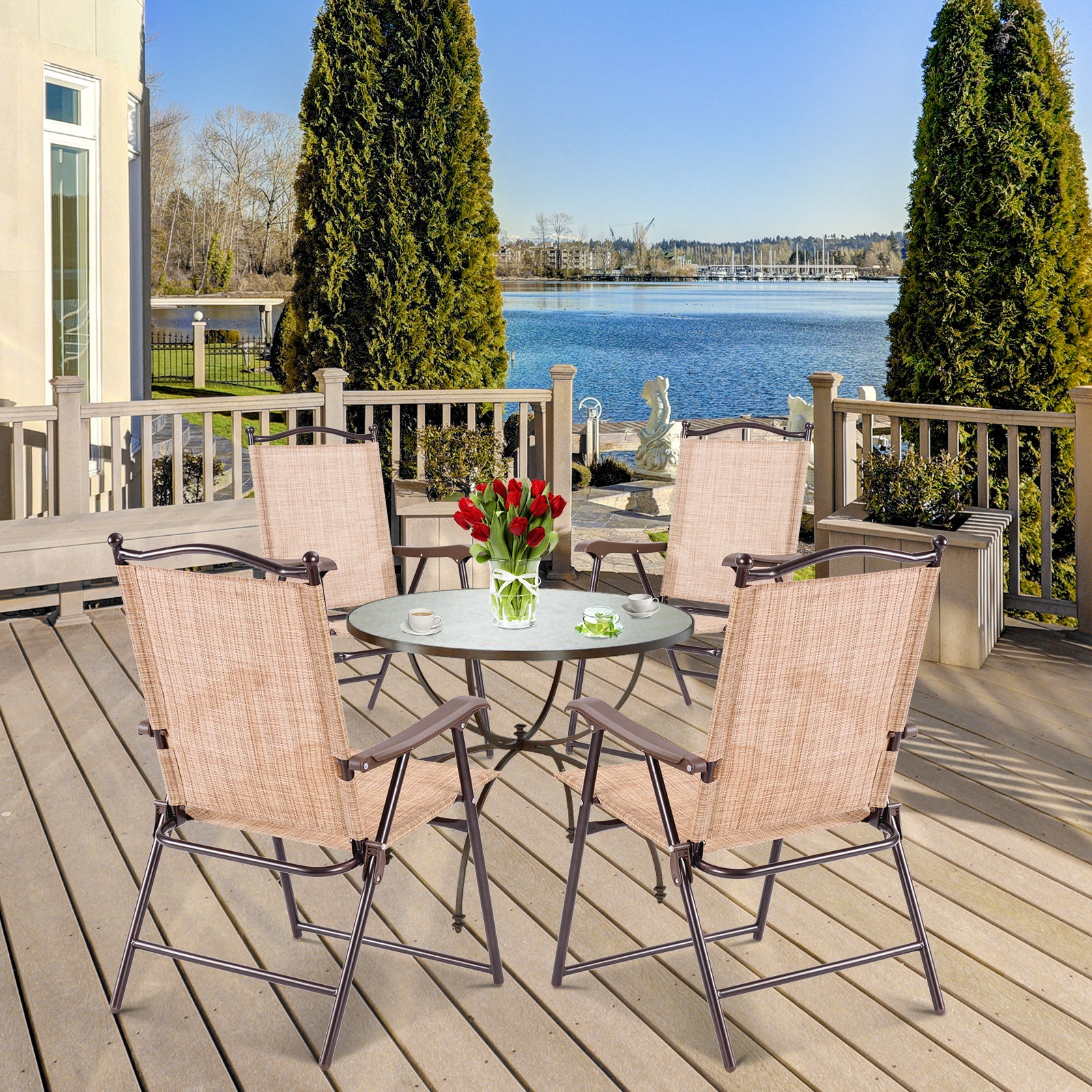 Set of 2 Patio Folding Sling Back Camping Deck Chairs, Beige Patio Dining Chairs at Gallery Canada