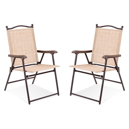 Set of 2 Patio Folding Sling Back Camping Deck Chairs, Beige Patio Dining Chairs Beige at Gallery Canada