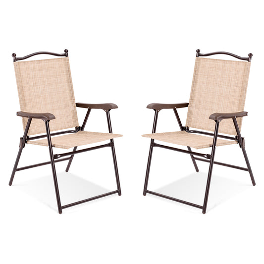 Set Of 2 Folding Sling Back Patio Camping Deck Chairs, Beige