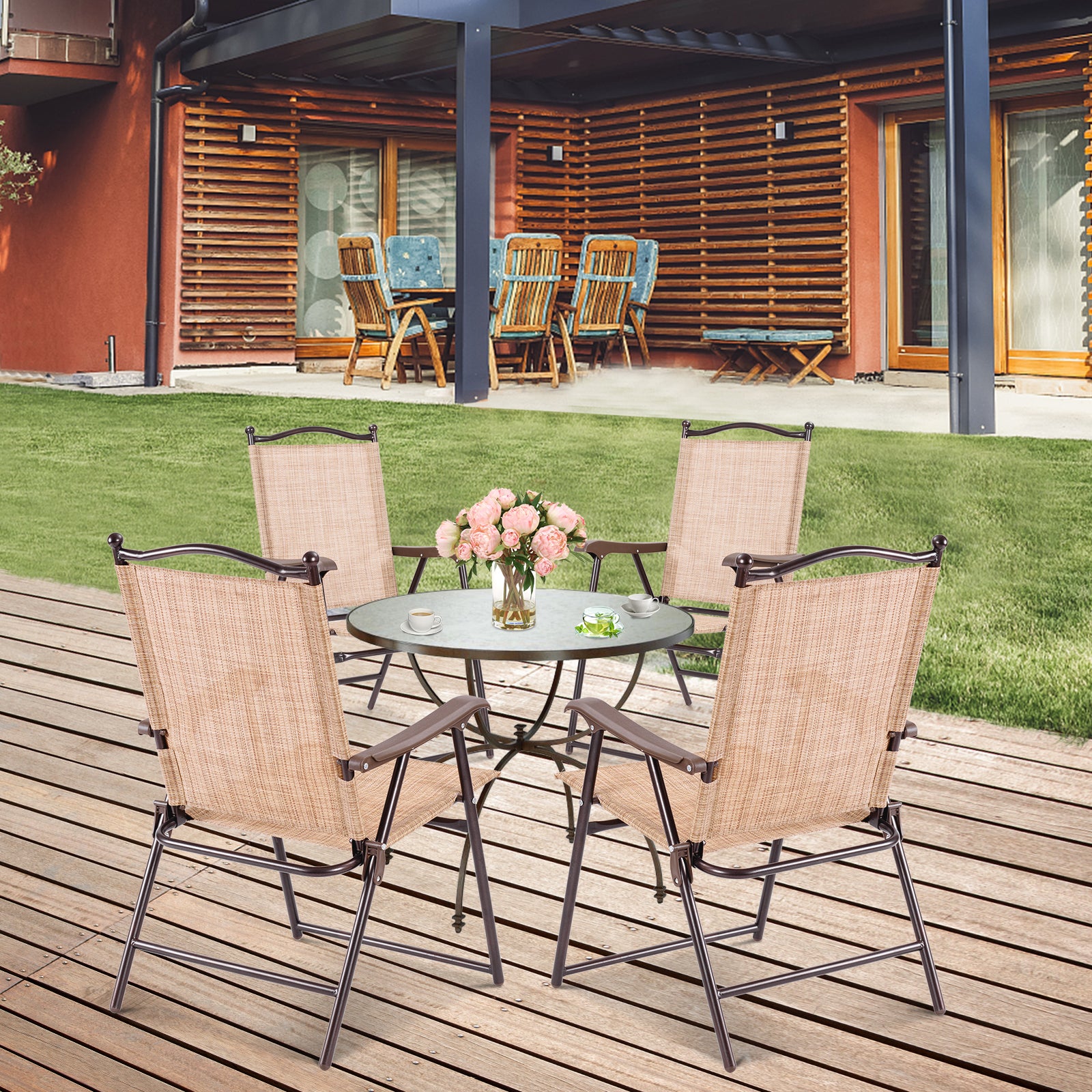 Set of 2 Patio Folding Sling Back Camping Deck Chairs, Beige Patio Dining Chairs at Gallery Canada