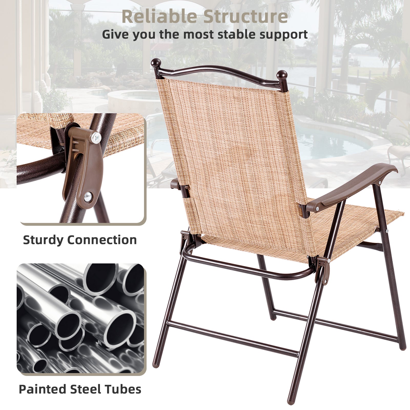 Set of 2 Patio Folding Sling Back Camping Deck Chairs, Beige Patio Dining Chairs at Gallery Canada