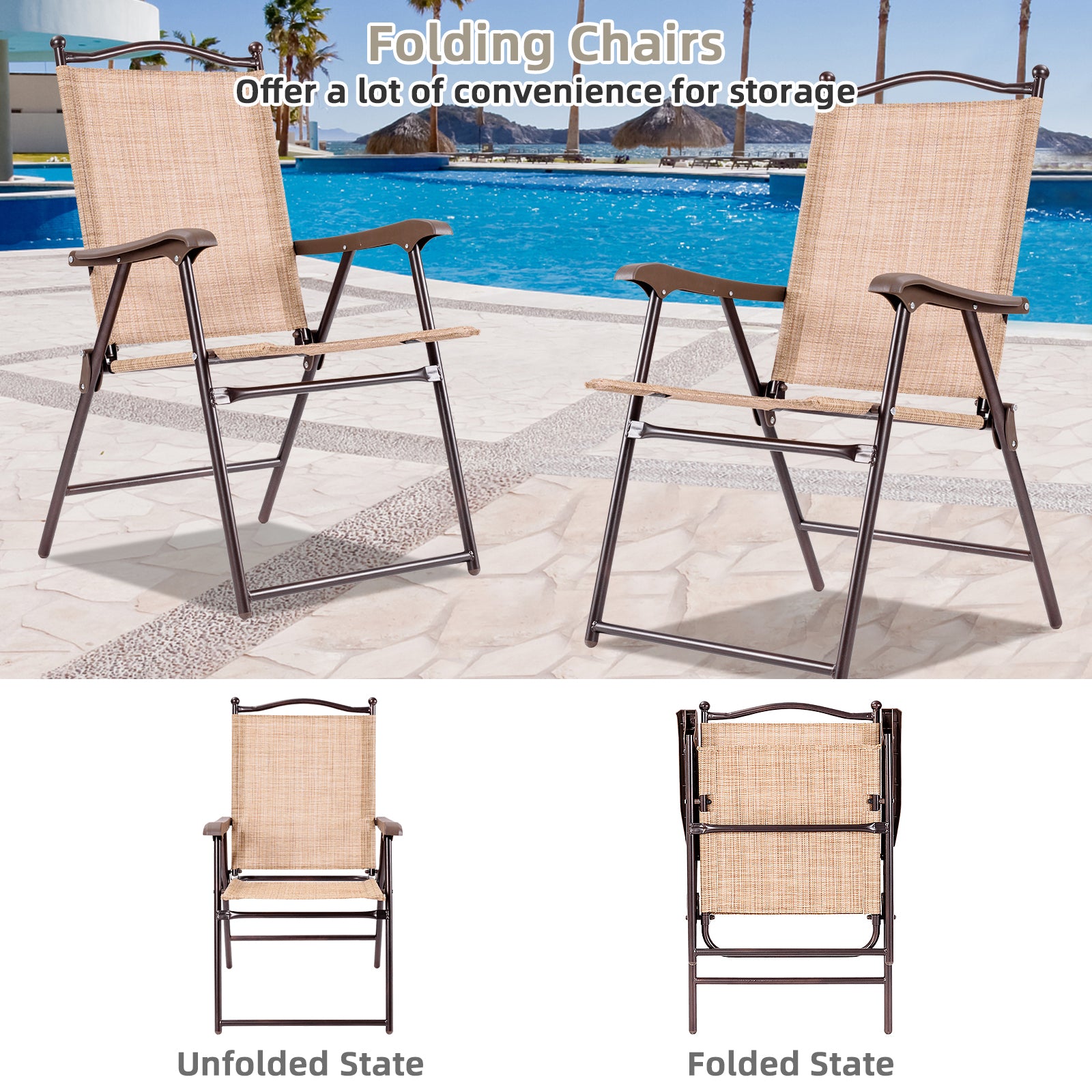 Set of 2 Patio Folding Sling Back Camping Deck Chairs, Beige Patio Dining Chairs at Gallery Canada