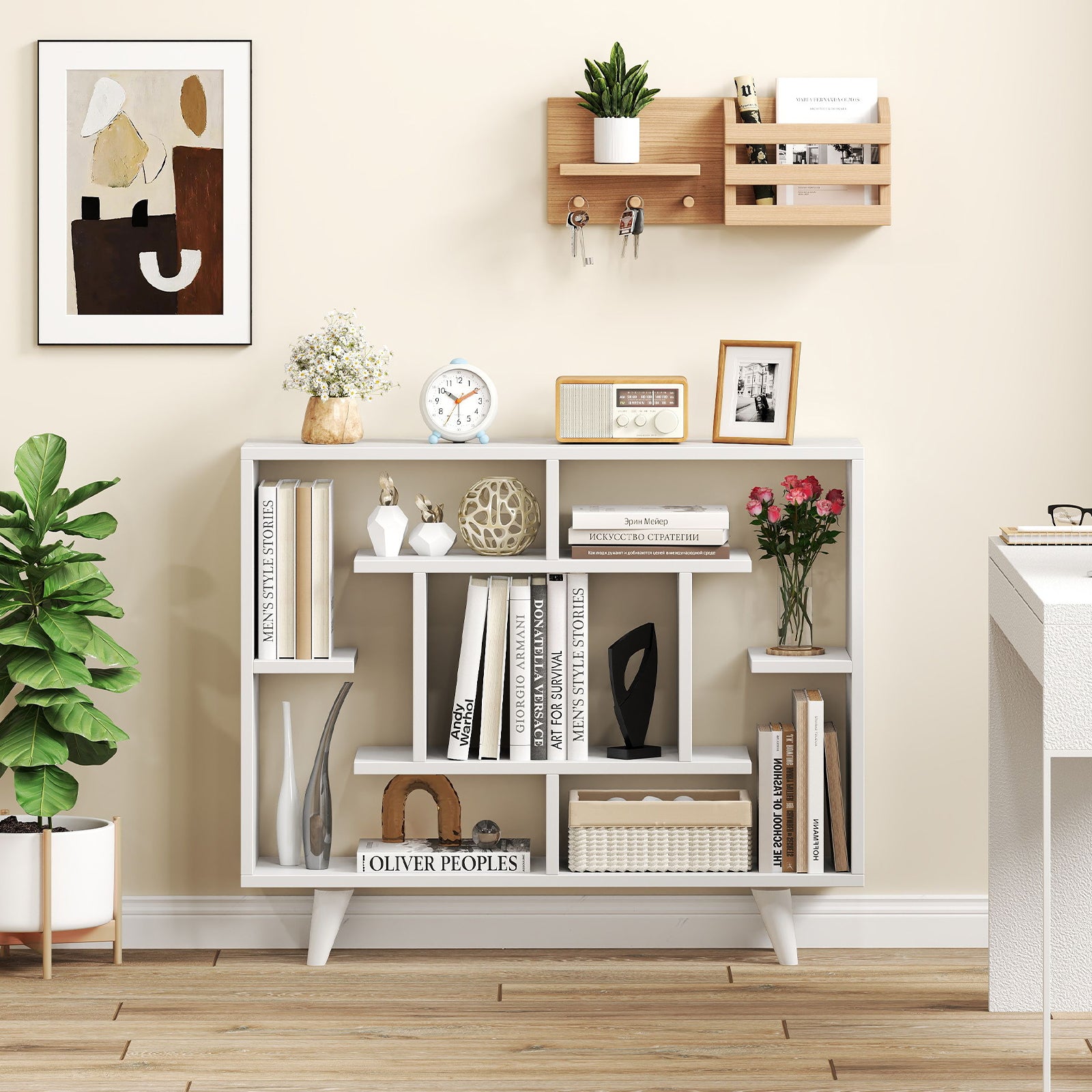 Geometric Bookcase with Anti-Tipping Kit and Storage Shelving Unit, White Bookcases at Gallery Canada