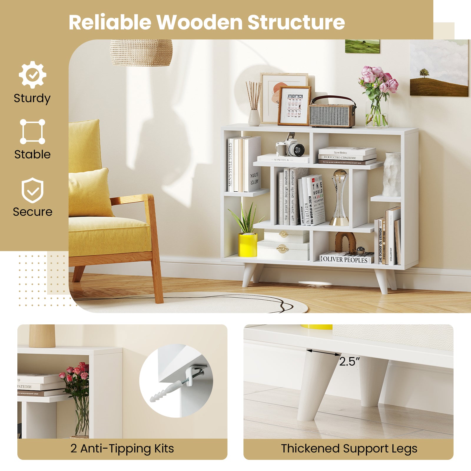 Geometric Bookcase with Anti-Tipping Kit and Storage Shelving Unit, White Bookcases at Gallery Canada