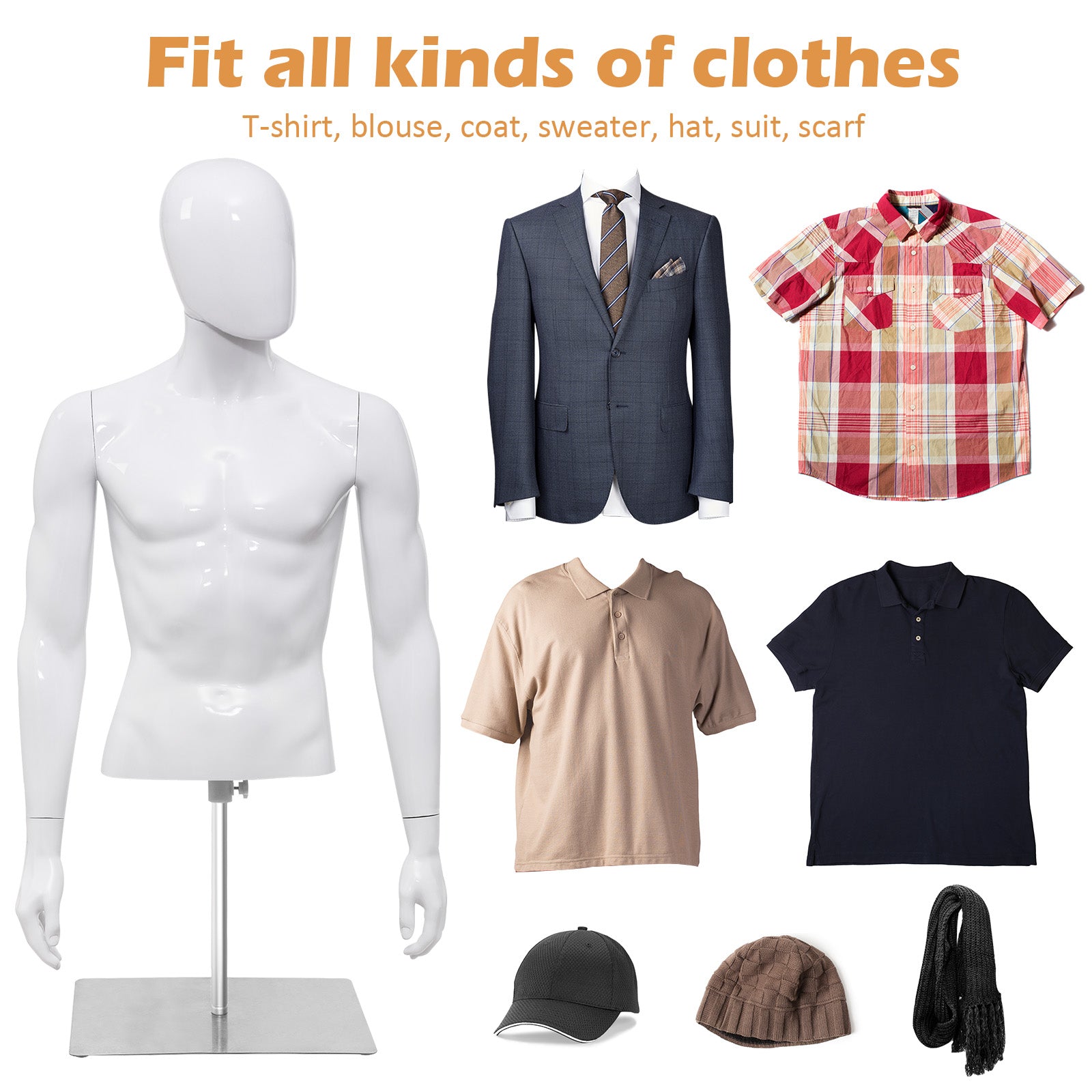 Plastic Half Body Head Turn Male Mannequin with Base, White Display Mannequins at Gallery Canada