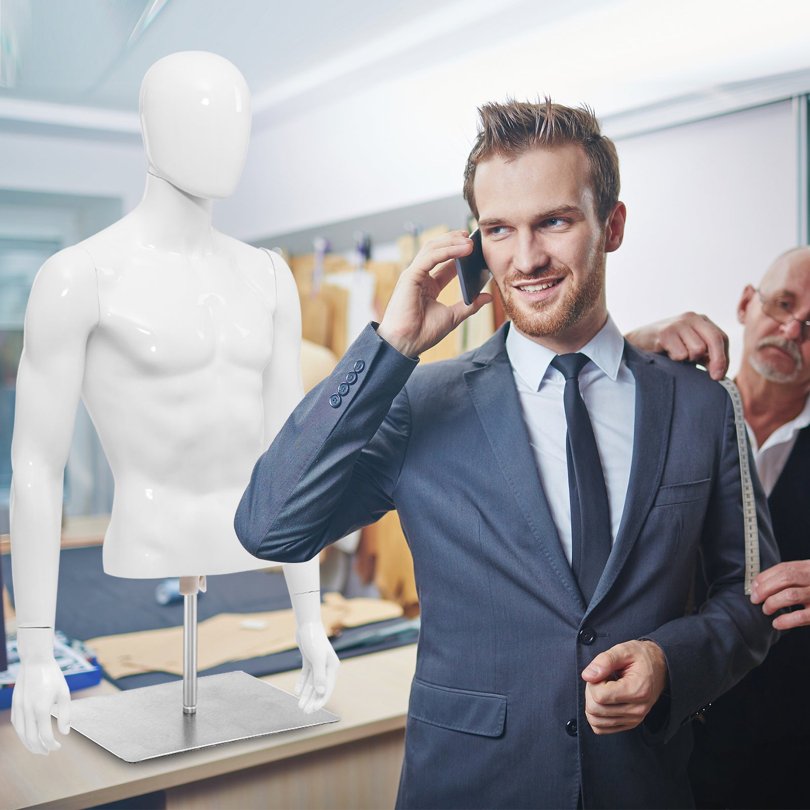 Plastic Half Body Head Turn Male Mannequin with Base, White Display Mannequins at Gallery Canada
