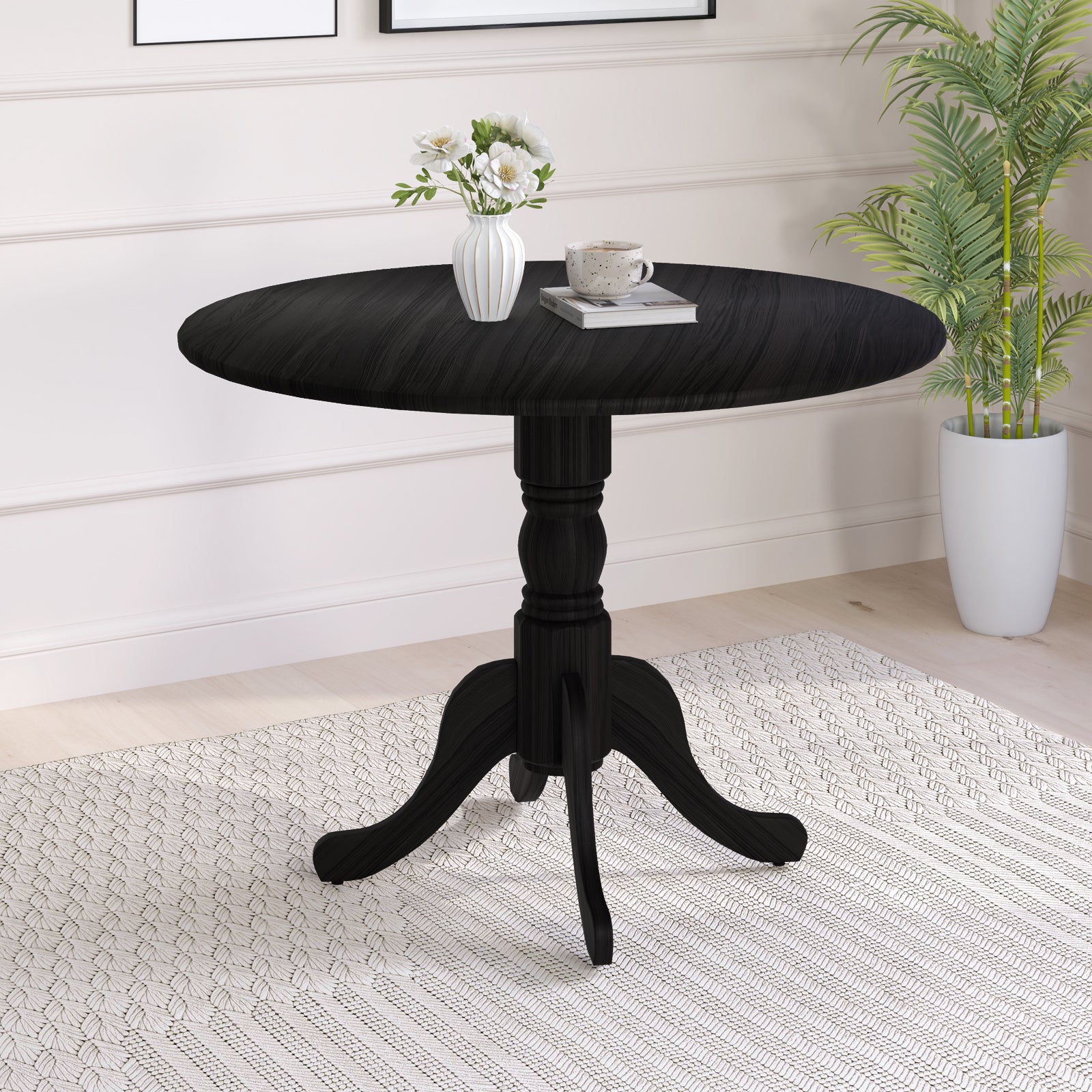 Wooden Dining Table with Round Tabletop and Curved Trestle Legs, Black Dining Tables at Gallery Canada