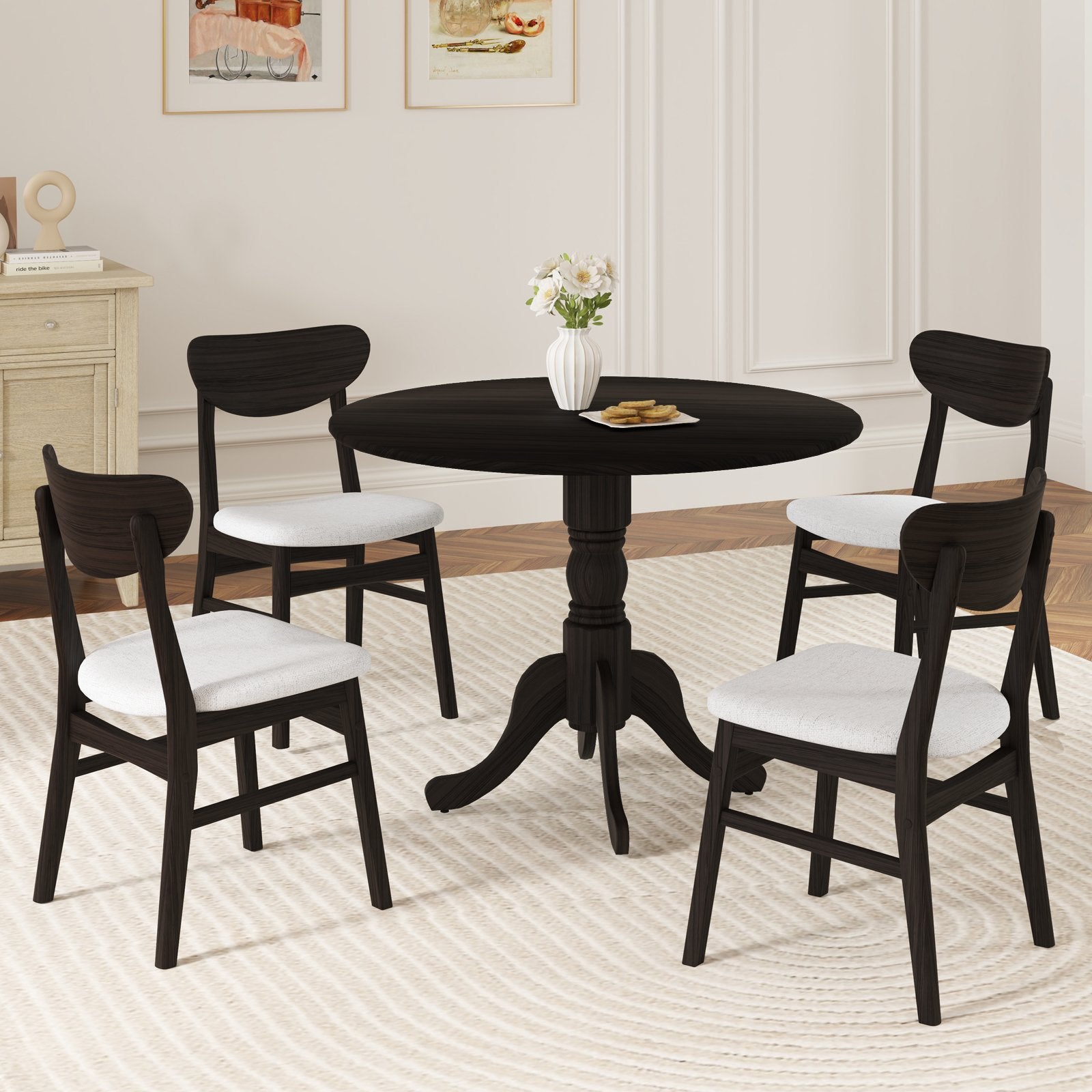 Wooden Dining Table with Round Tabletop and Curved Trestle Legs, Black Dining Tables at Gallery Canada