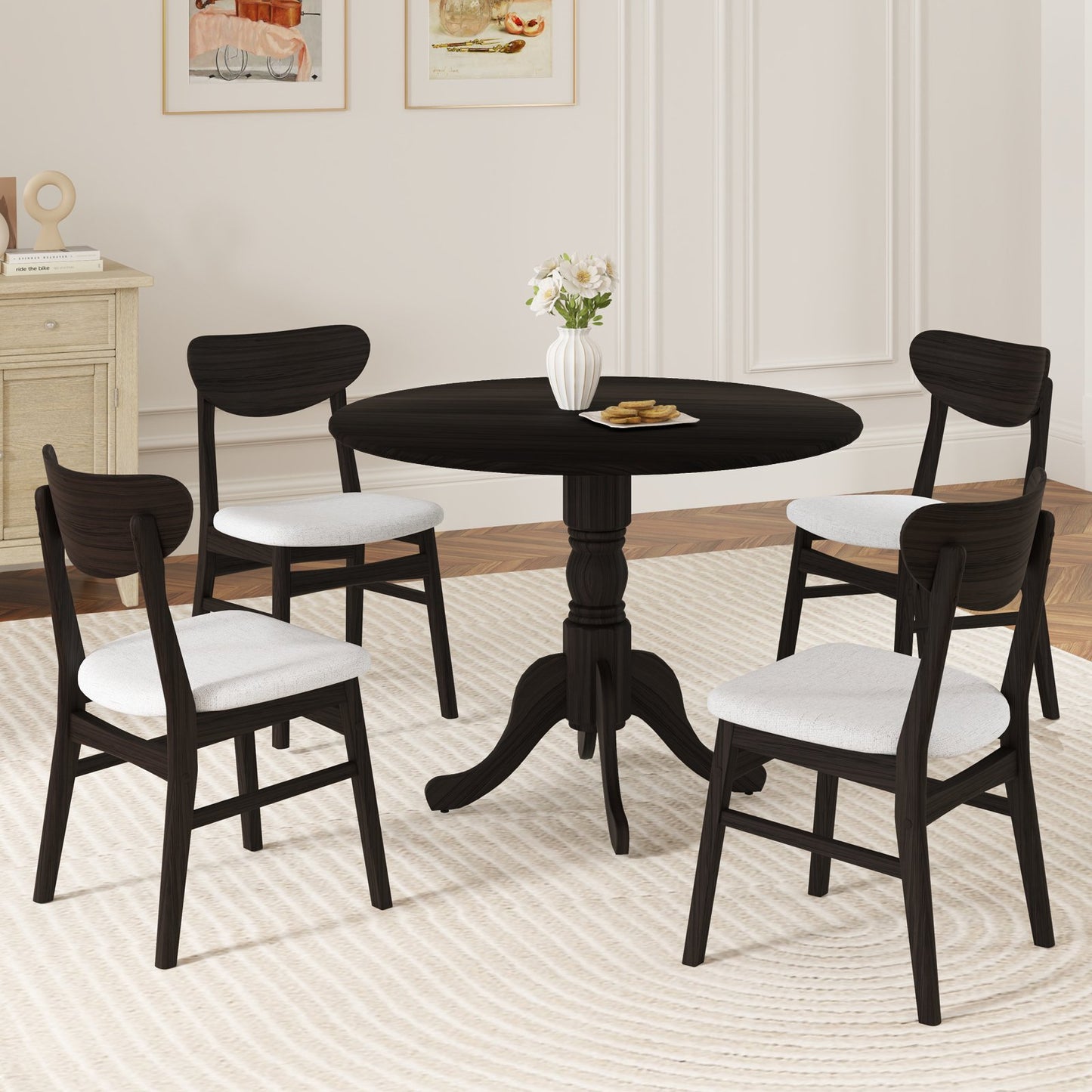 Wooden Dining Table with Round Tabletop and Curved Trestle Legs, Black Dining Tables at Gallery Canada
