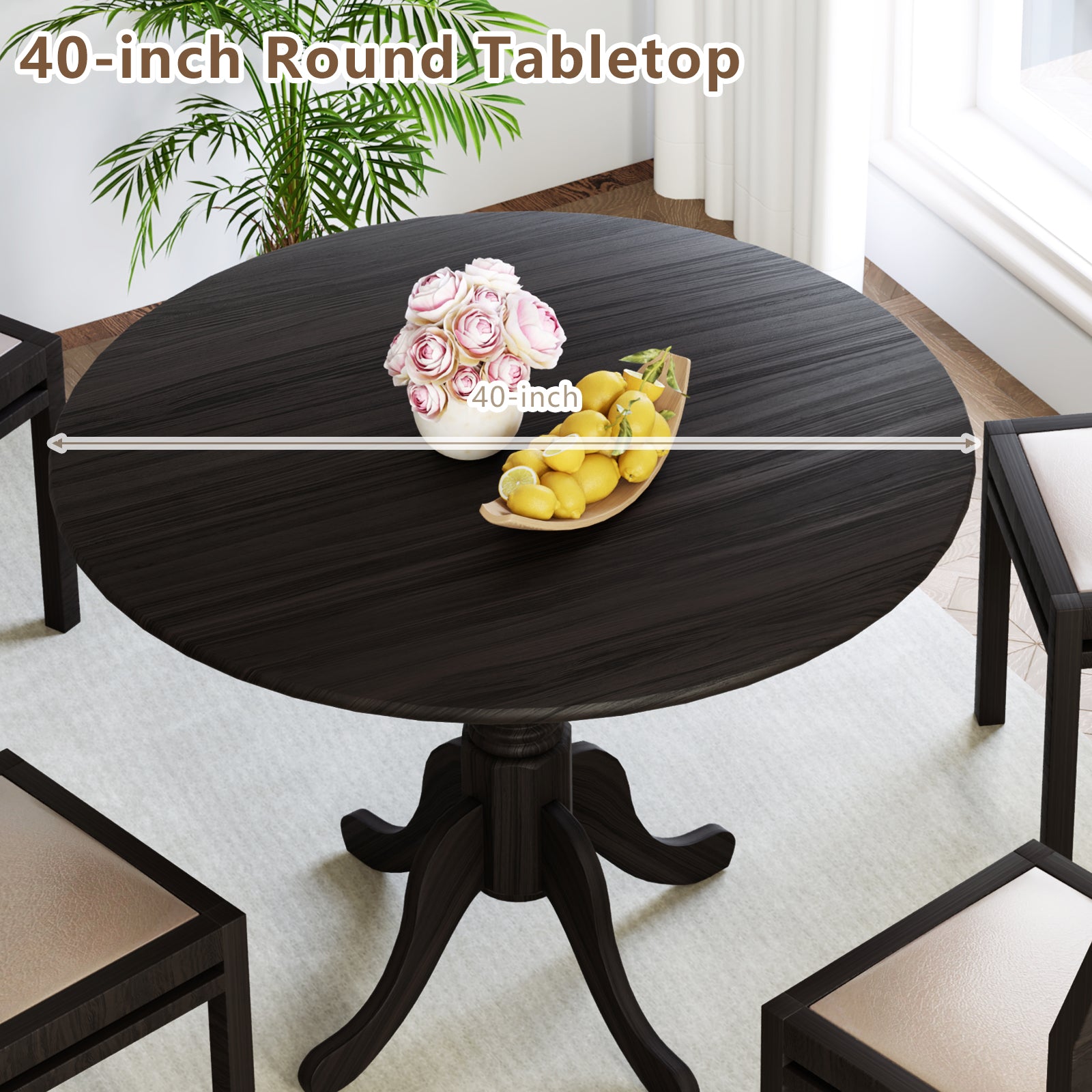 Wooden Dining Table with Round Tabletop and Curved Trestle Legs, Black Dining Tables at Gallery Canada
