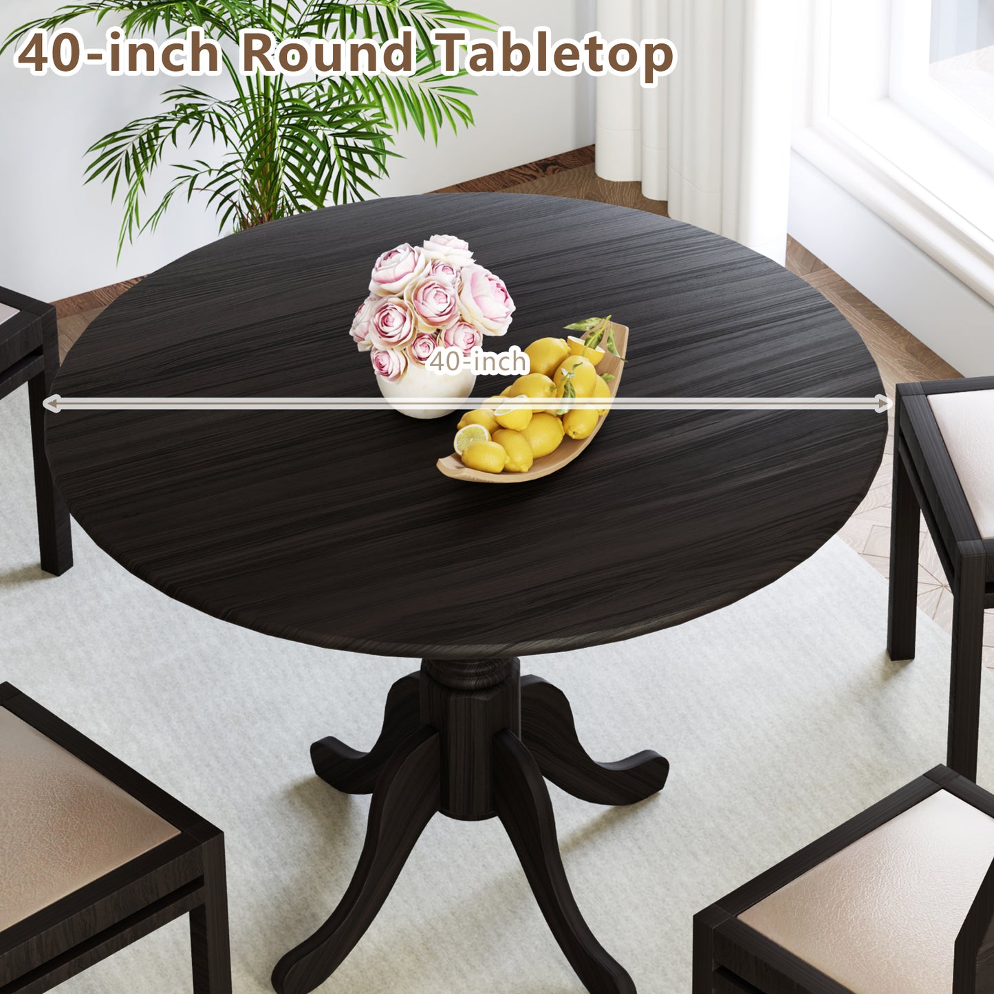 Wooden Dining Table with Round Tabletop and Curved Trestle Legs, Black Dining Tables at Gallery Canada
