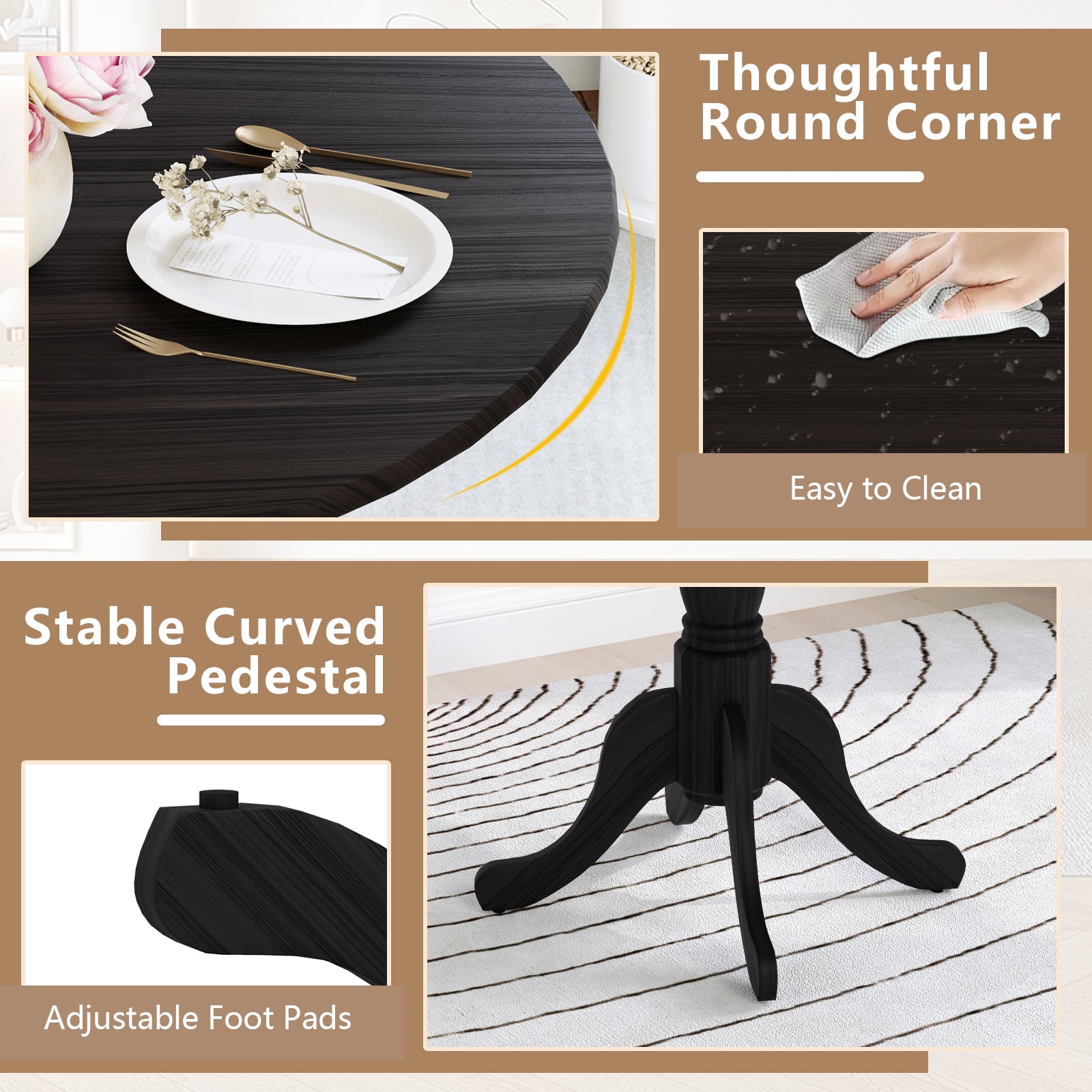 Wooden Dining Table with Round Tabletop and Curved Trestle Legs, Black Dining Tables at Gallery Canada