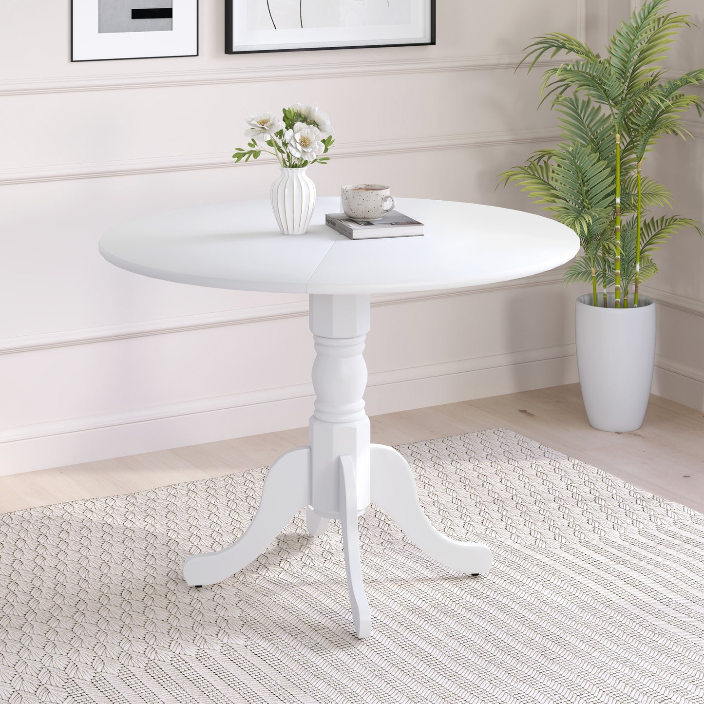 Wooden Dining Table with Round Tabletop and Curved Trestle Legs, White