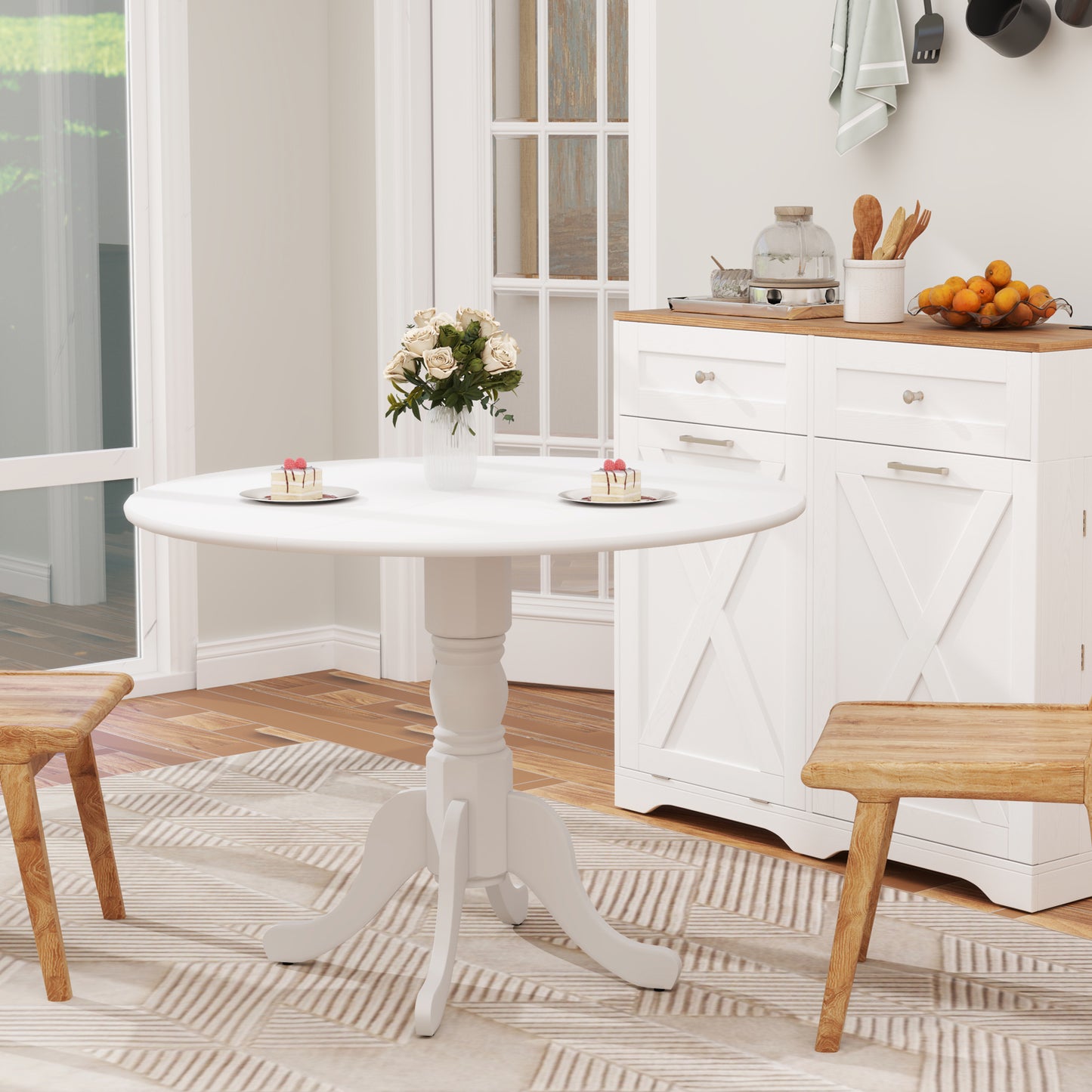 Wooden Dining Table with Round Tabletop and Curved Trestle Legs, White