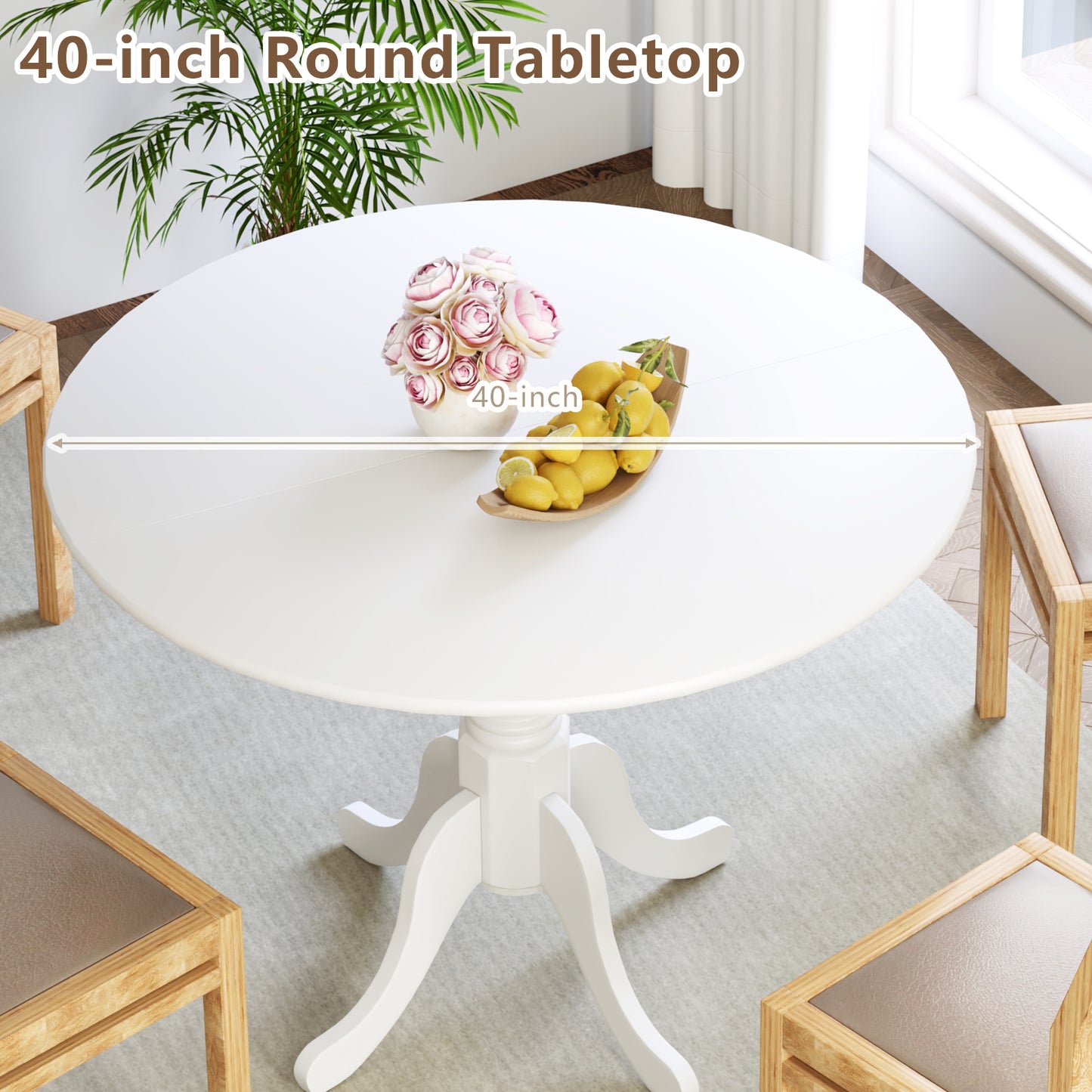 Wooden Dining Table with Round Tabletop and Curved Trestle Legs, White