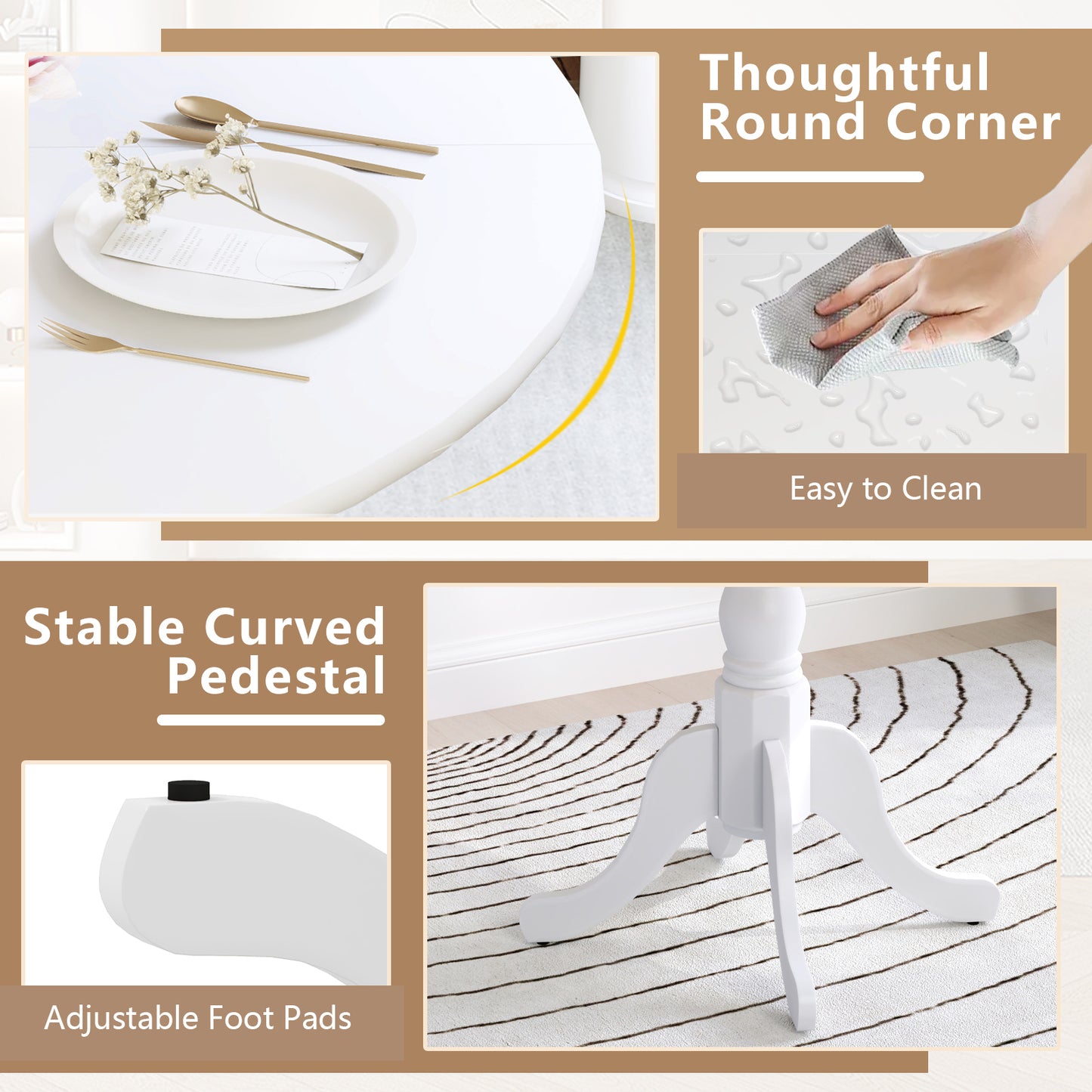 Wooden Dining Table with Round Tabletop and Curved Trestle Legs, White