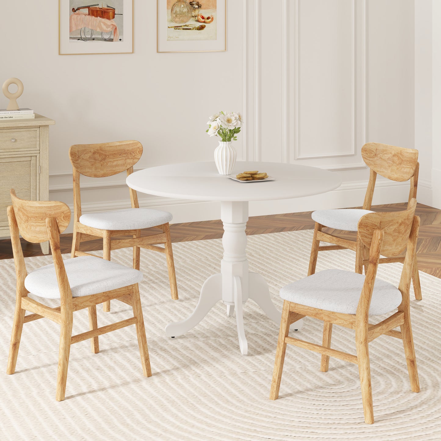 Wooden Dining Table with Round Tabletop and Curved Trestle Legs, White