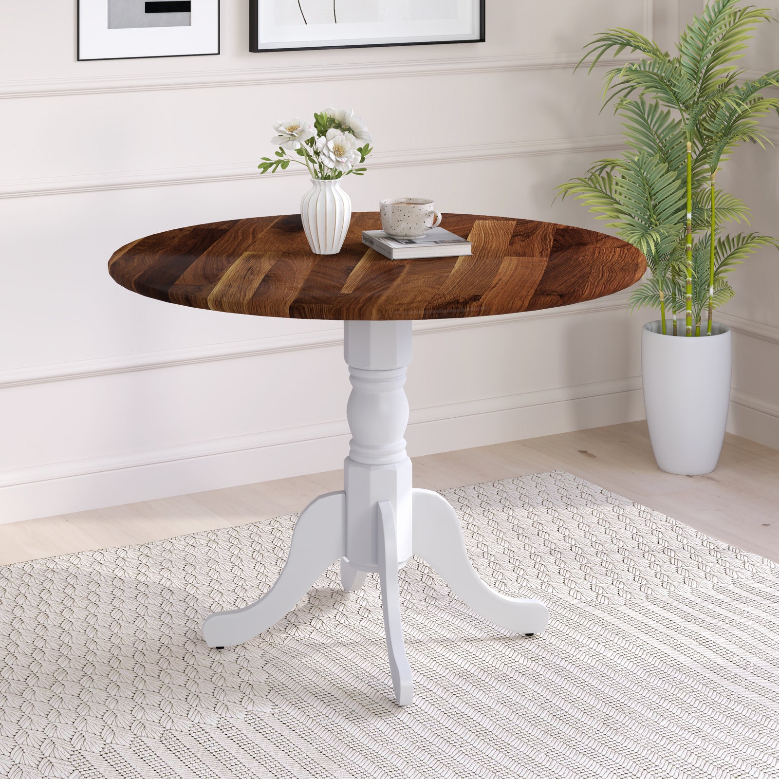 Wooden Dining Table with Round Tabletop and Curved Trestle Legs-Walnut & White, Walnut & Gray Dining Tables at Gallery Canada
