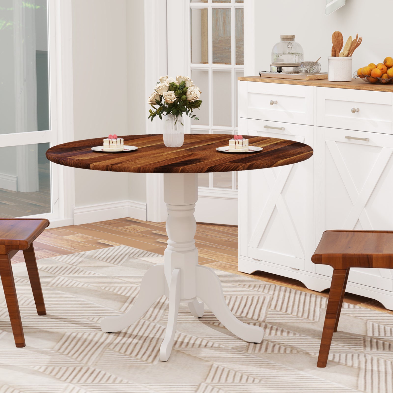 Wooden Dining Table with Round Tabletop and Curved Trestle Legs-Walnut & White, Walnut & Gray Dining Tables at Gallery Canada
