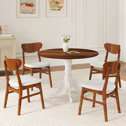Wooden Dining Table with Round Tabletop and Curved Trestle Legs-Walnut & White, Walnut & Gray Dining Tables at Gallery Canada