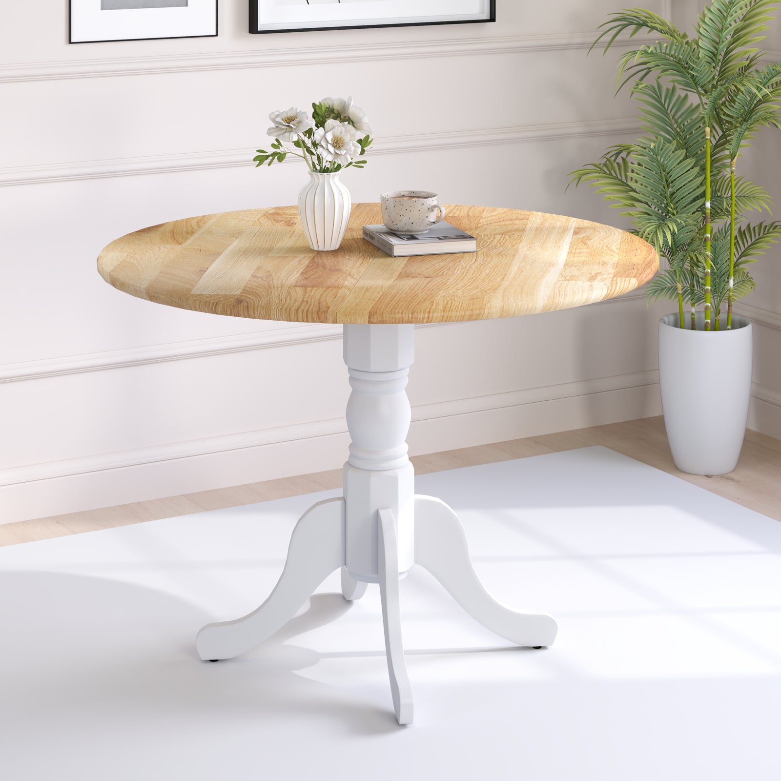 Wooden Dining Table with Round Tabletop and Curved Trestle Legs, Natural & White Dining Tables at Gallery Canada