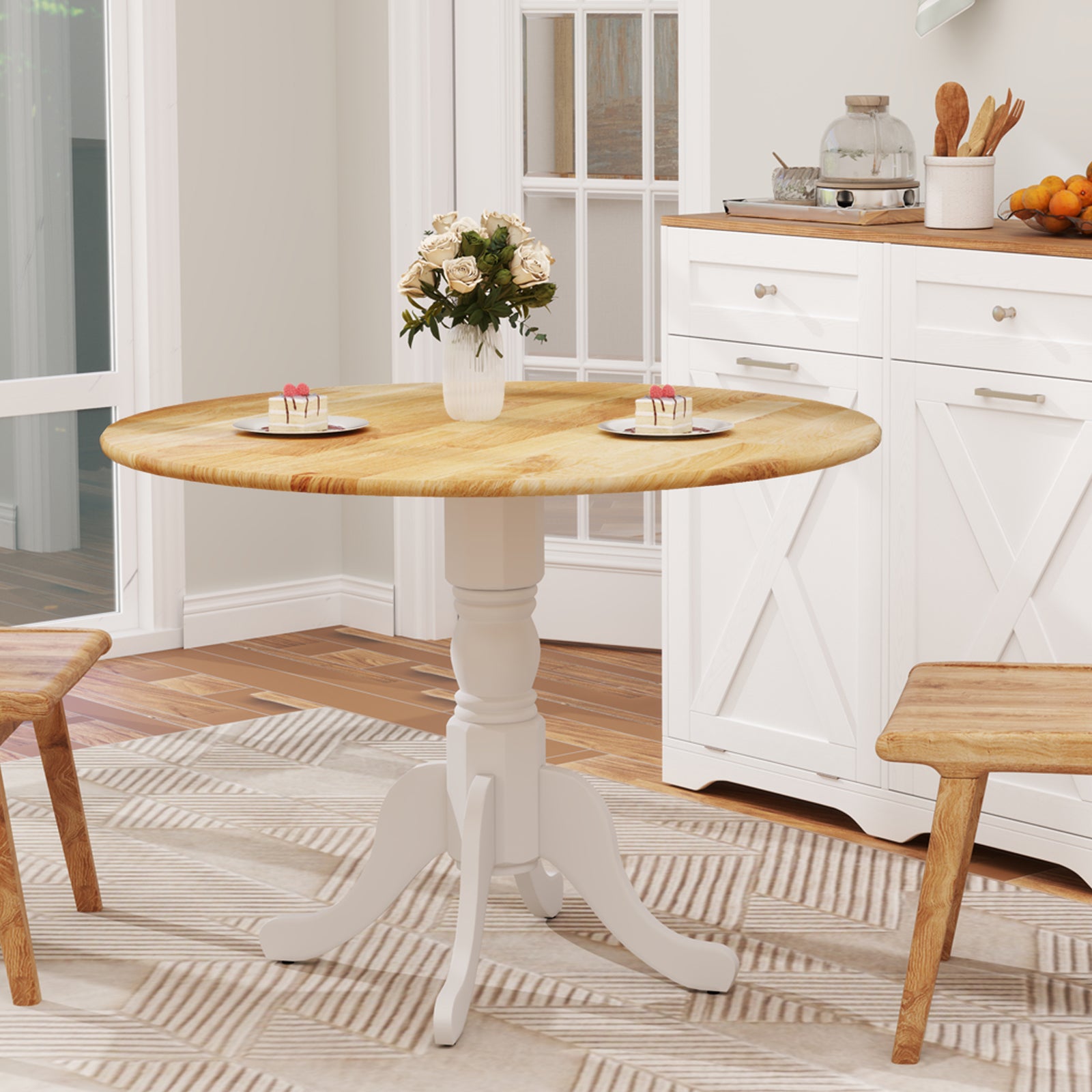 Wooden Dining Table with Round Tabletop and Curved Trestle Legs, Natural & White Dining Tables at Gallery Canada