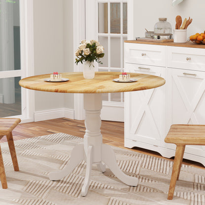 Wooden Dining Table with Round Tabletop and Curved Trestle Legs, Natural & White Dining Tables at Gallery Canada