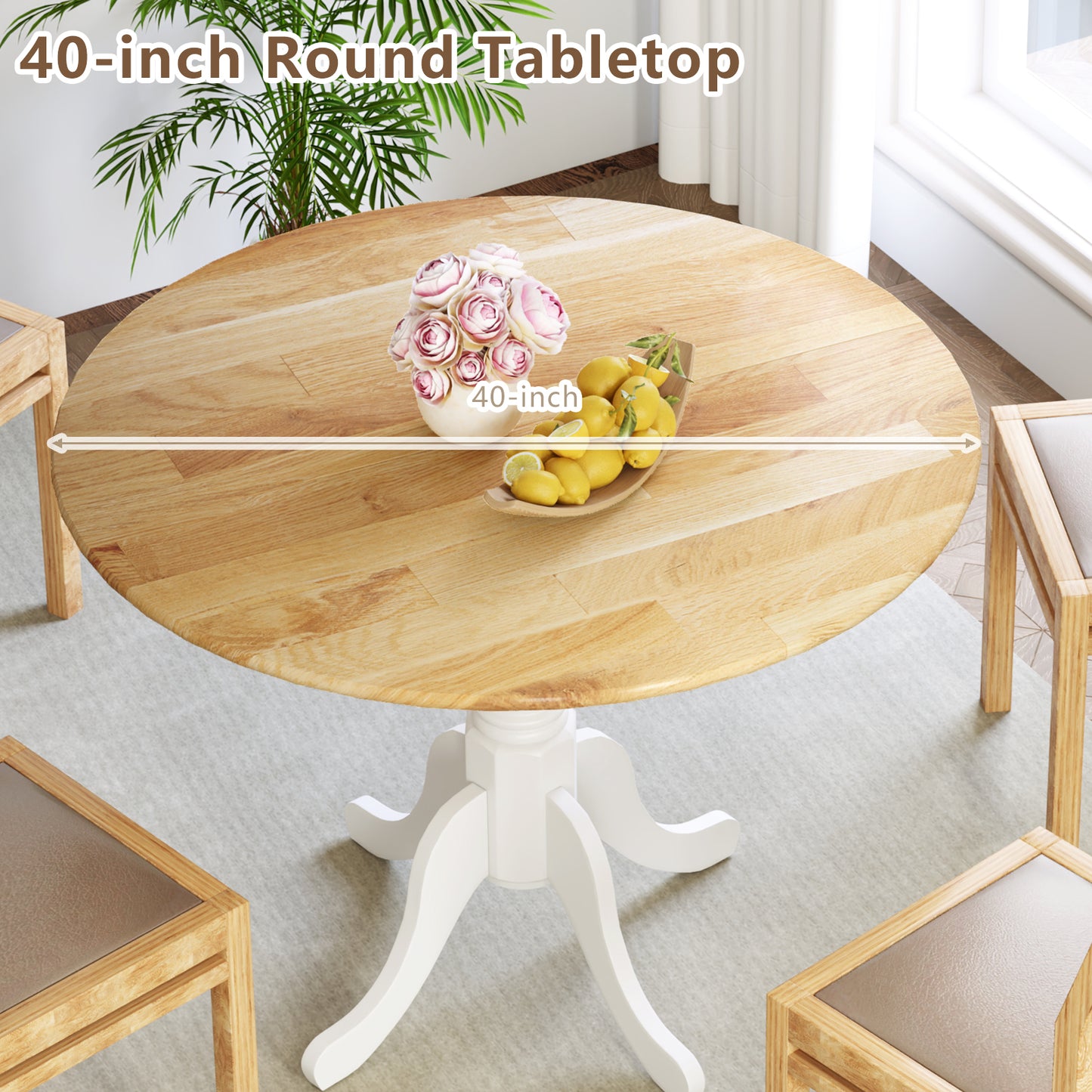 Wooden Dining Table with Round Tabletop and Curved Trestle Legs, Natural & White Dining Tables at Gallery Canada