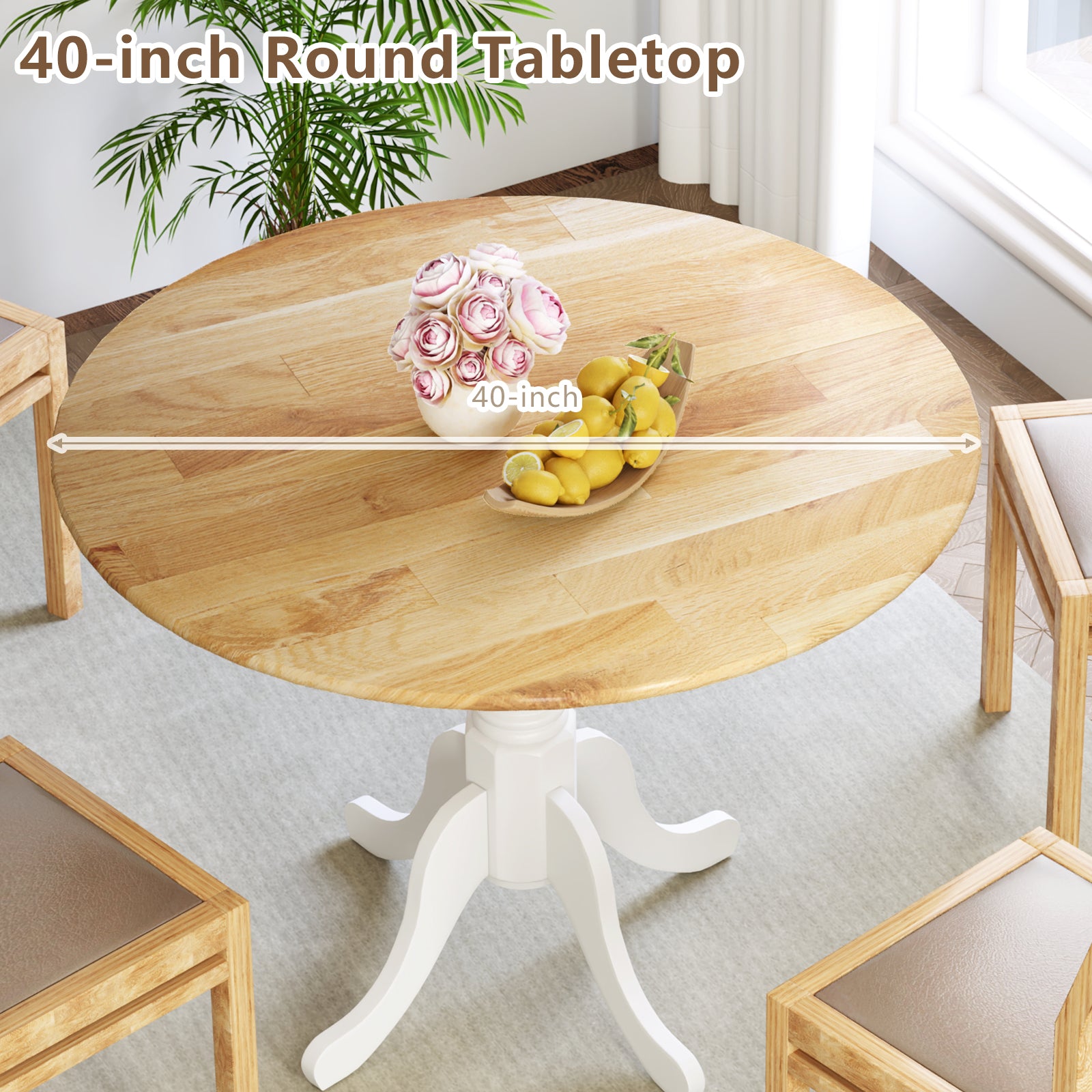Wooden Dining Table with Round Tabletop and Curved Trestle Legs, Natural & White Dining Tables at Gallery Canada