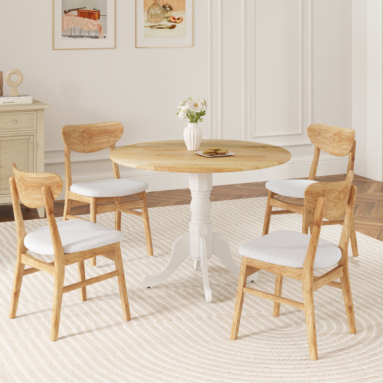 Wooden Dining Table with Round Tabletop and Curved Trestle Legs, Natural & White Dining Tables at Gallery Canada