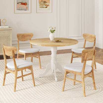 Wooden Dining Table with Round Tabletop and Curved Trestle Legs, Natural & White Dining Tables at Gallery Canada