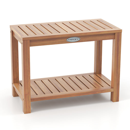24 Inch Teak Wood Shower Bench With Storage Shelf, Natural