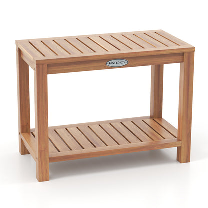 24 Inch Teak Wood Shower Bench With Storage Shelf, Natural Bath Safety at Gallery Canada